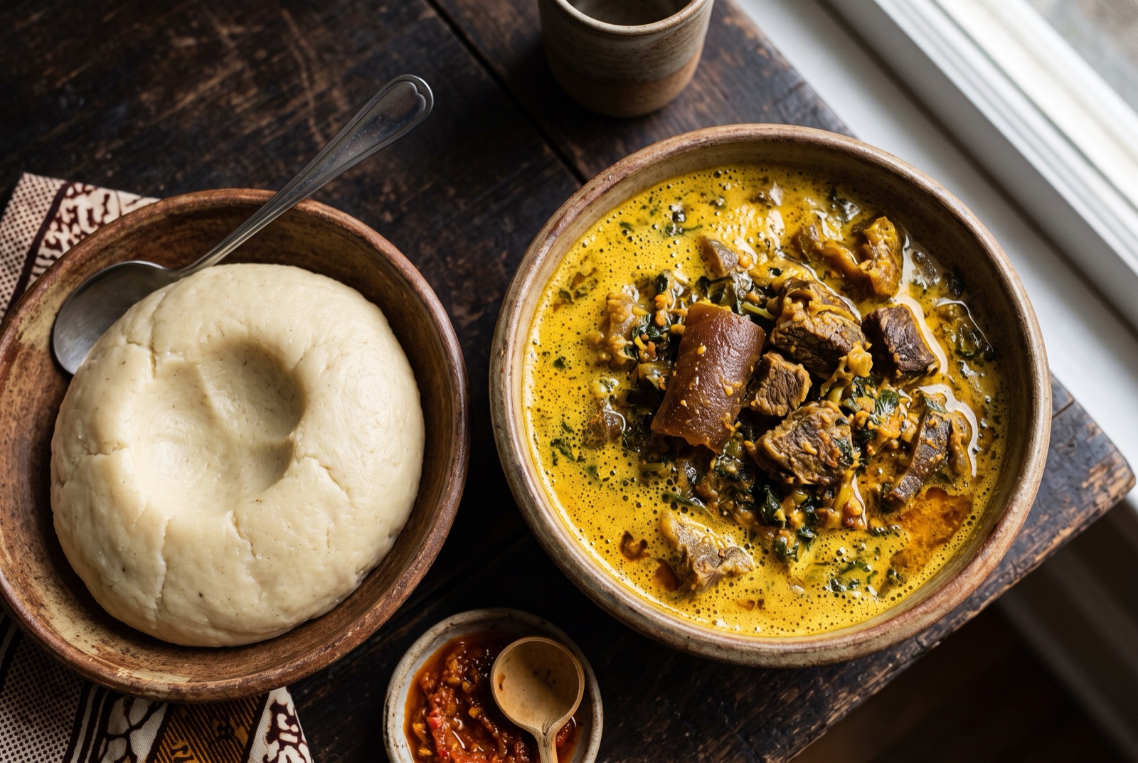 Bright yellow achu soup poured into a well in a white mound of pounded cocoyam, with pieces of beef and cow skin