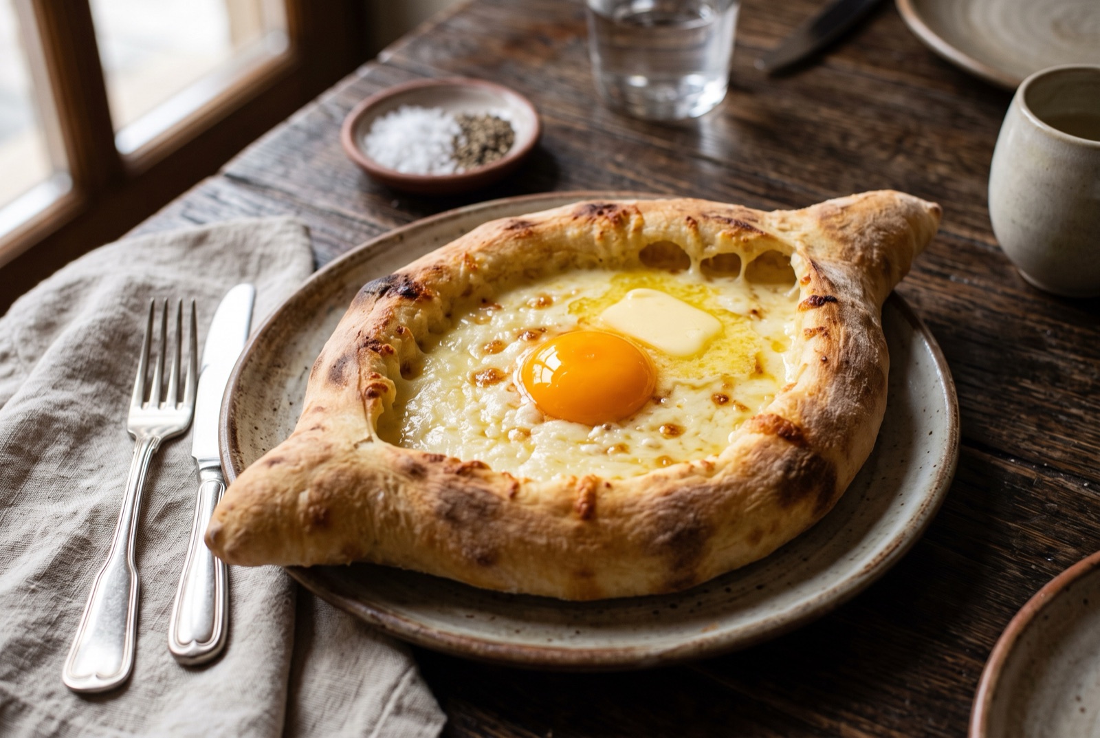 Boat-shaped Georgian cheese bread with a golden crust, bubbling cheese and a raw egg yolk in the centre
