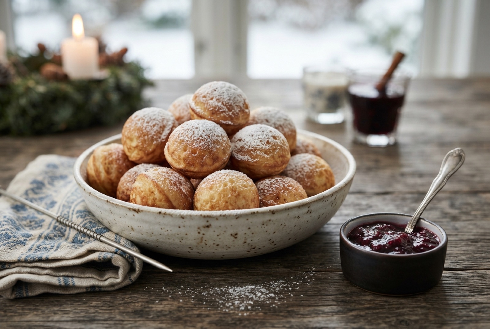 Golden spherical Danish pancake puffs in a cast-iron dimpled pan, dusted with icing sugar beside a bowl of jam