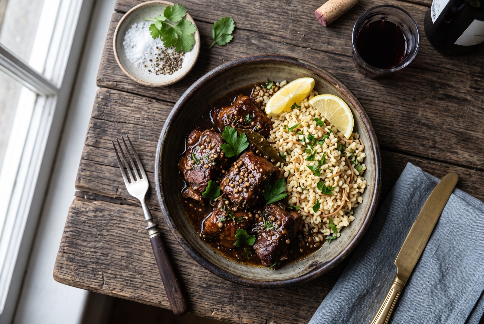 Dark glazed cubes of Cypriot afelia pork in a pan with cracked coriander seeds and a lemon wedge