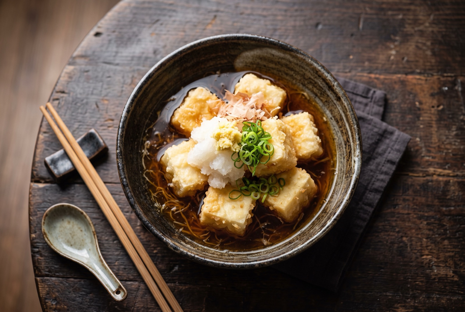 Cubes of crisp fried silken tofu sitting in a shallow bowl of dashi broth with grated daikon, ginger and scallions