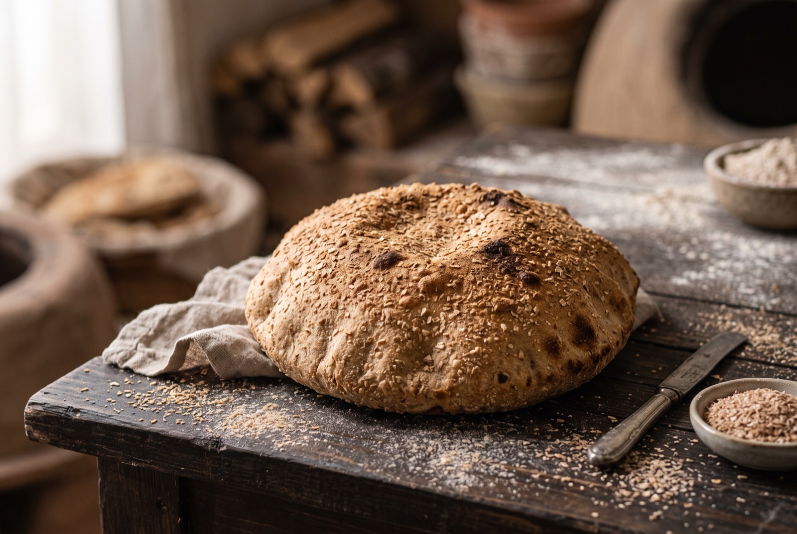 Stack of round wholemeal Egyptian flatbreads dusted with bran, the top one torn open to show the hollow pocket inside