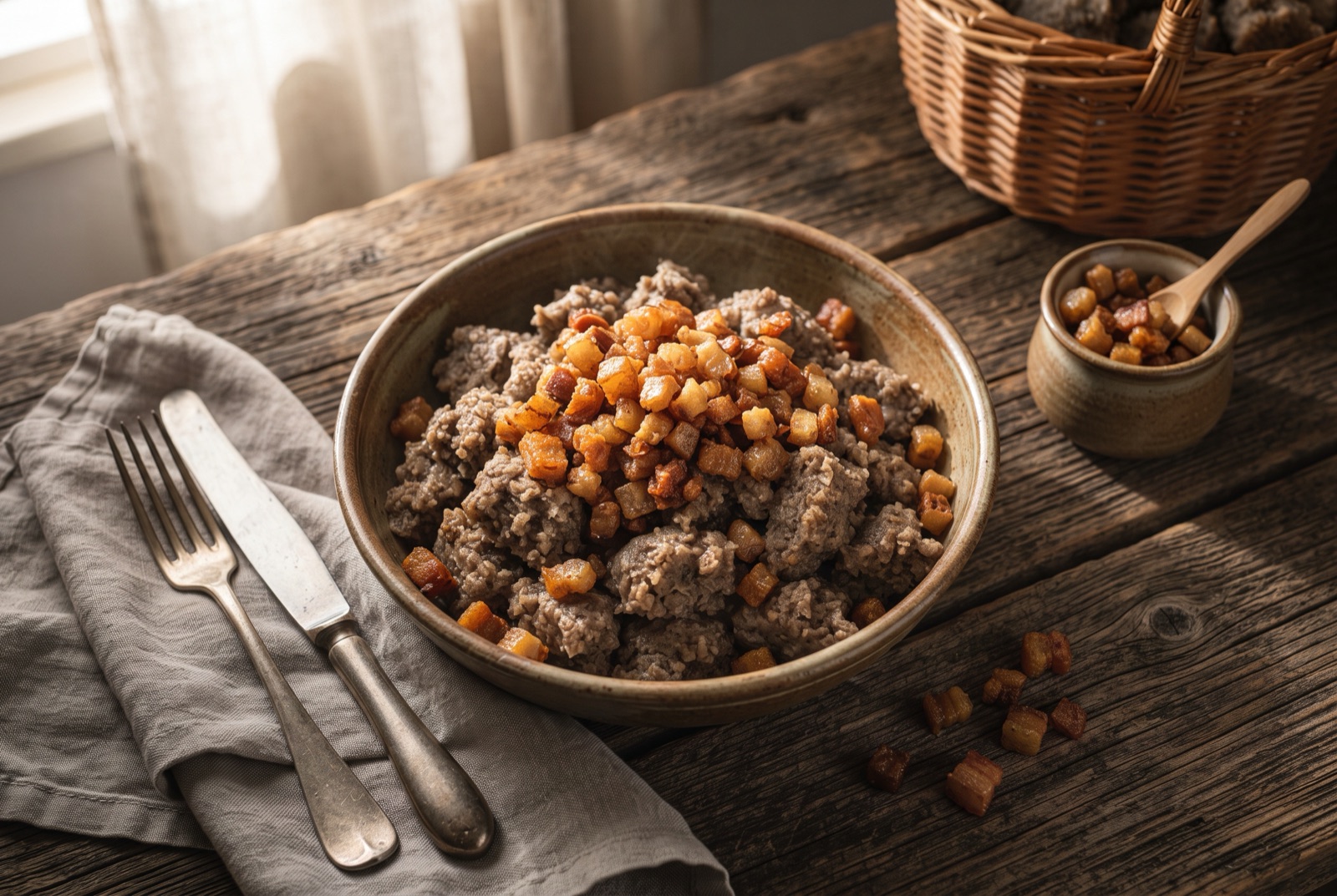 Bowl of crumbly dark buckwheat žganci topped with golden pork cracklings and their fat