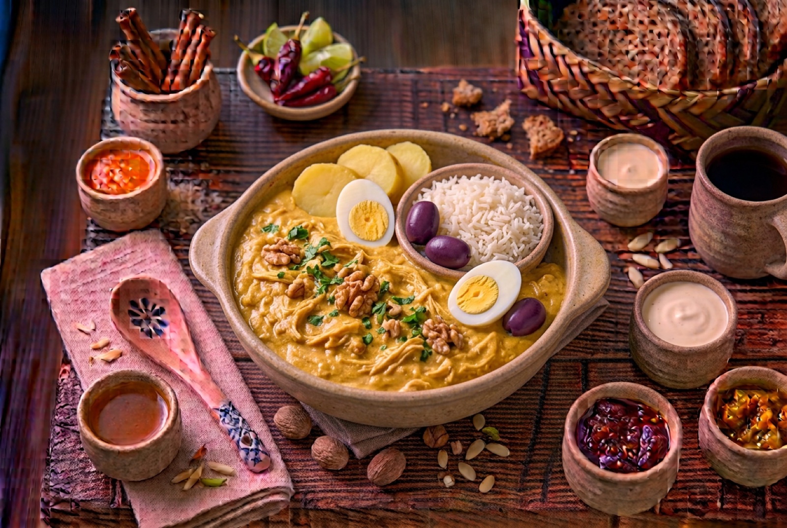 Golden ají de gallina sauce with shredded chicken poured over boiled potato slices, rice, egg and a black olive