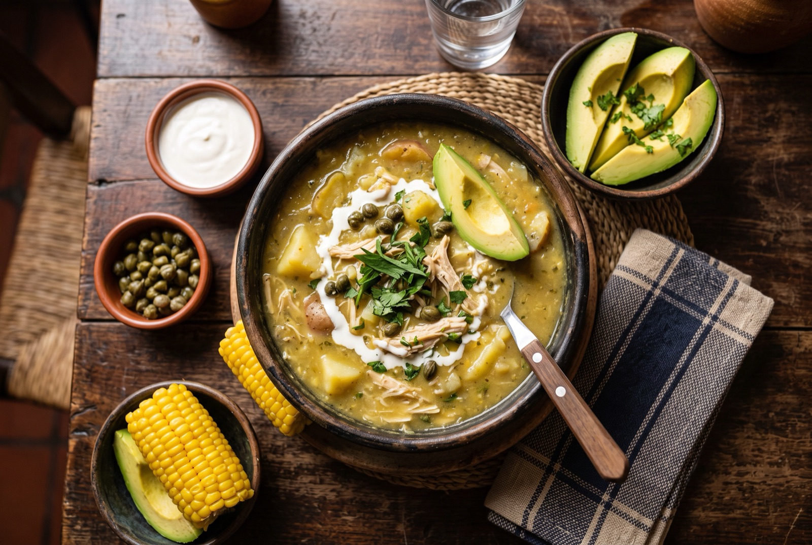 Deep bowl of thick pale Colombian potato soup with shredded chicken, a half corn cob, cream and capers