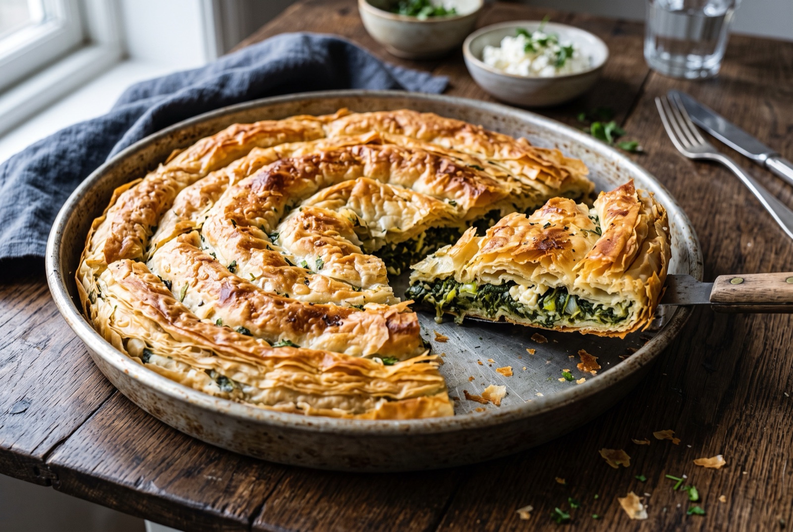 Round Albanian spinach byrek in a tray, golden blistered pastry cut into wedges showing green curd filling