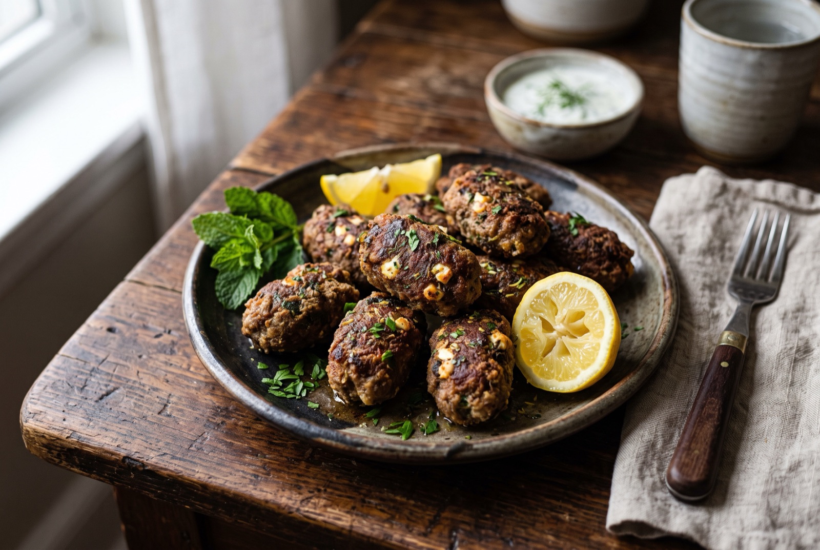 Plate of Albanian fried qofte, dark crusted oblong meatballs with lemon wedges and raw onion rings
