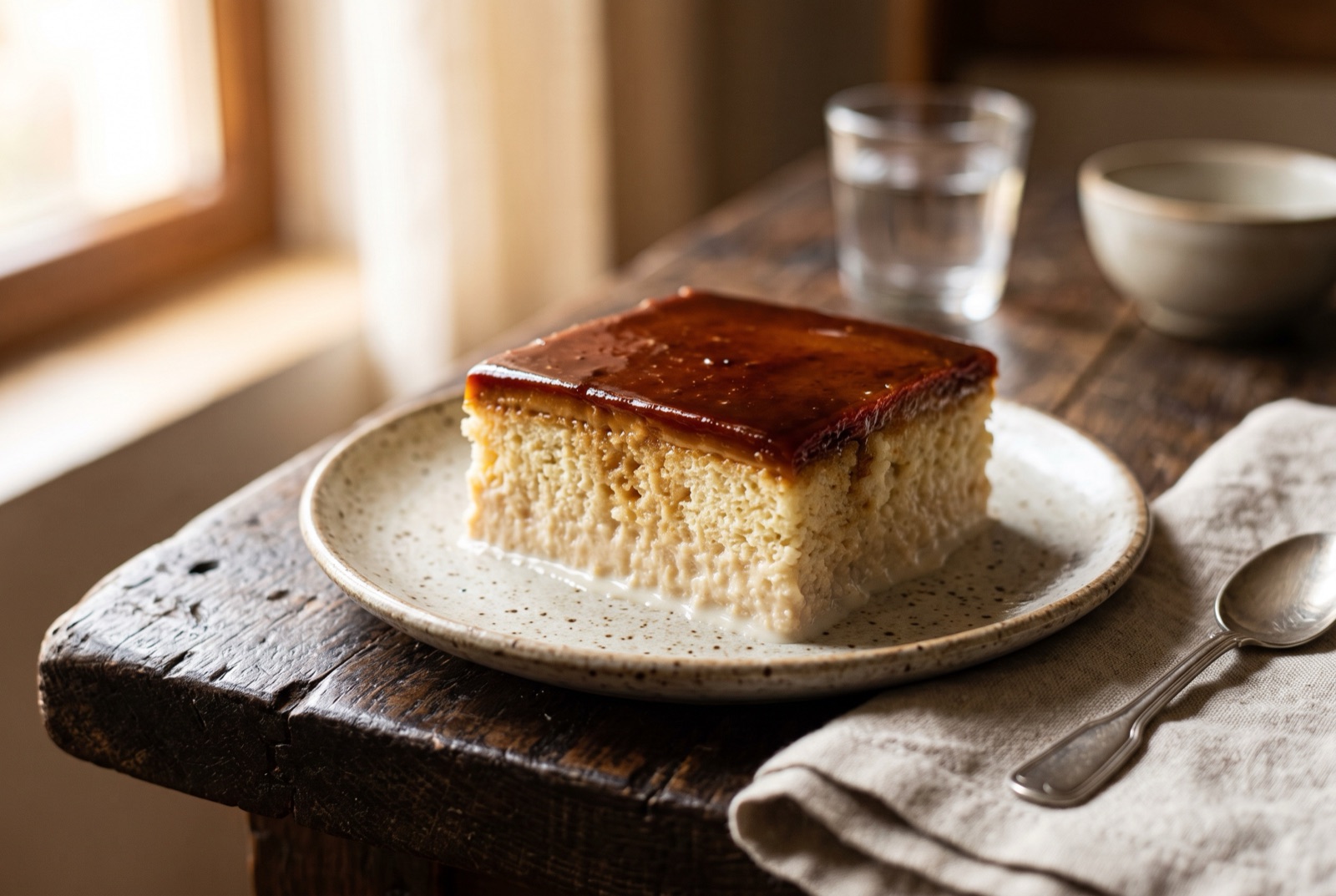 Square of Albanian trileçe on a plate, pale milk-soaked sponge under a glossy dark caramel topping