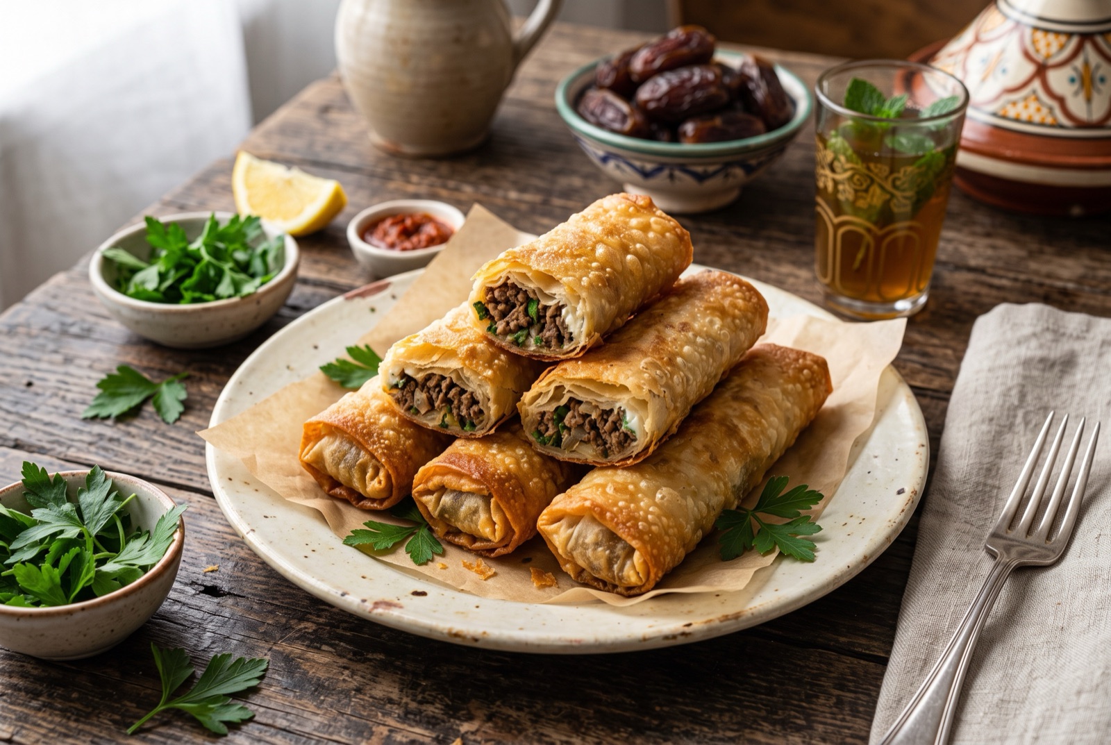 Platter of golden Algerian bourek cigars, one broken open to show minced beef and melted cheese, with lemon wedges