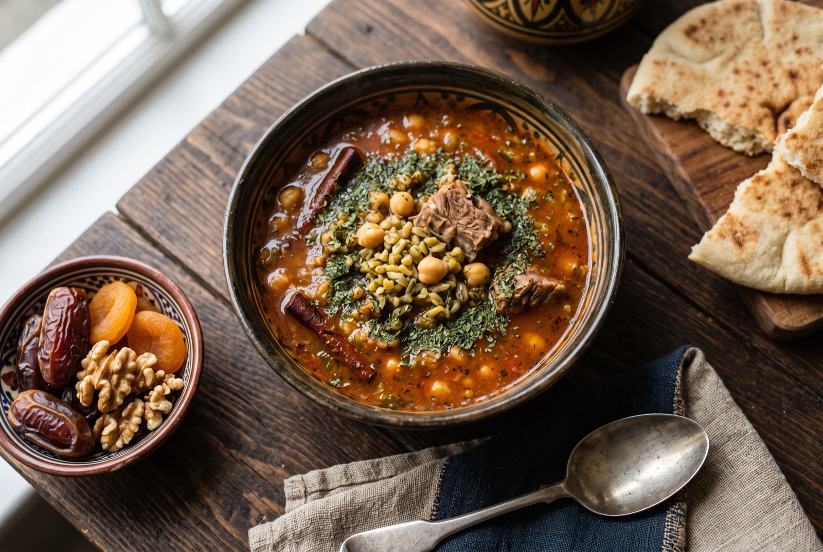 Bowl of Algerian chorba frik, a rust-coloured lamb and freekeh soup scattered with coriander and dried mint