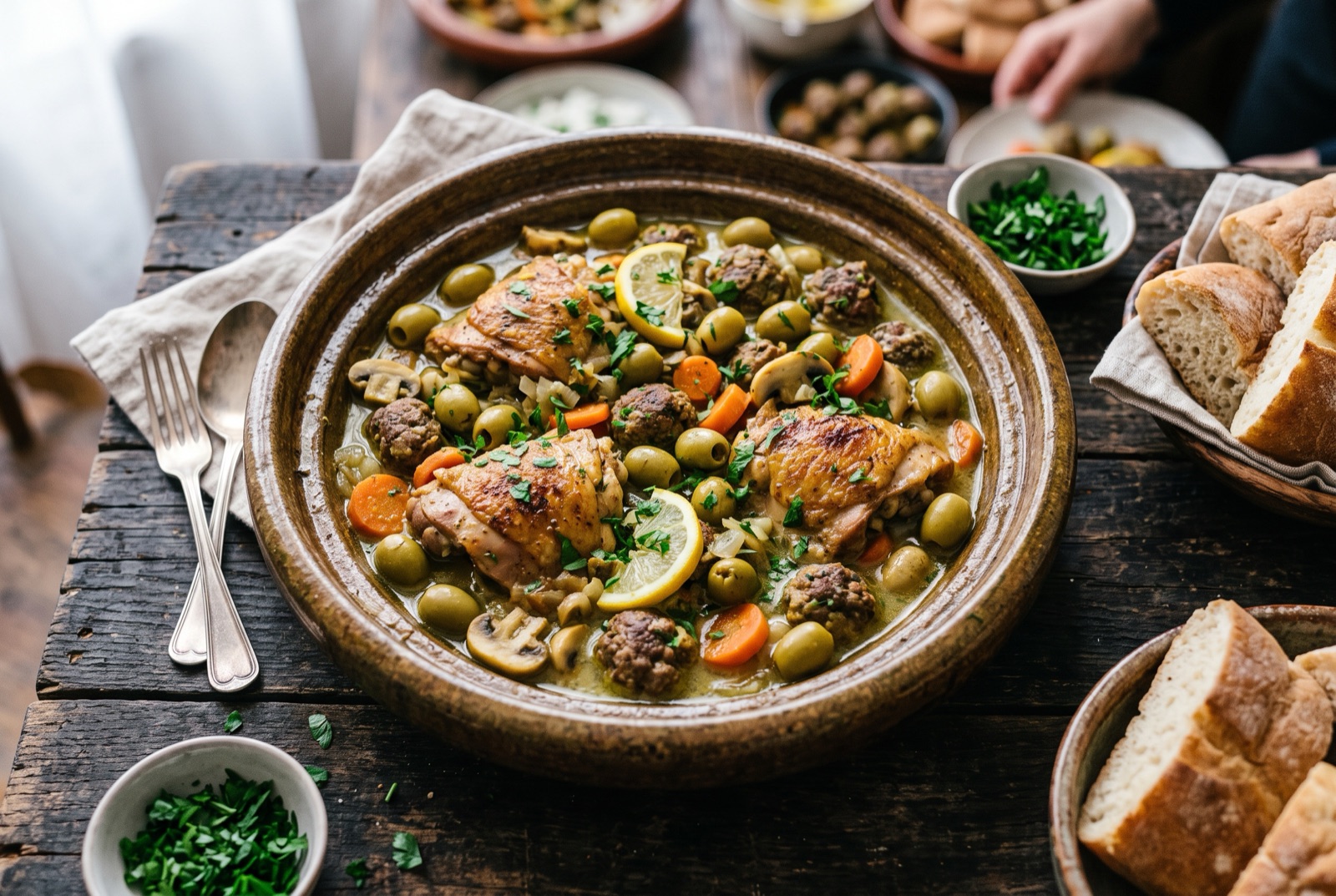 Algerian tadjine zitoun in a wide pot — chicken pieces and small meatballs with green olives, mushrooms and carrots in a pale sauce