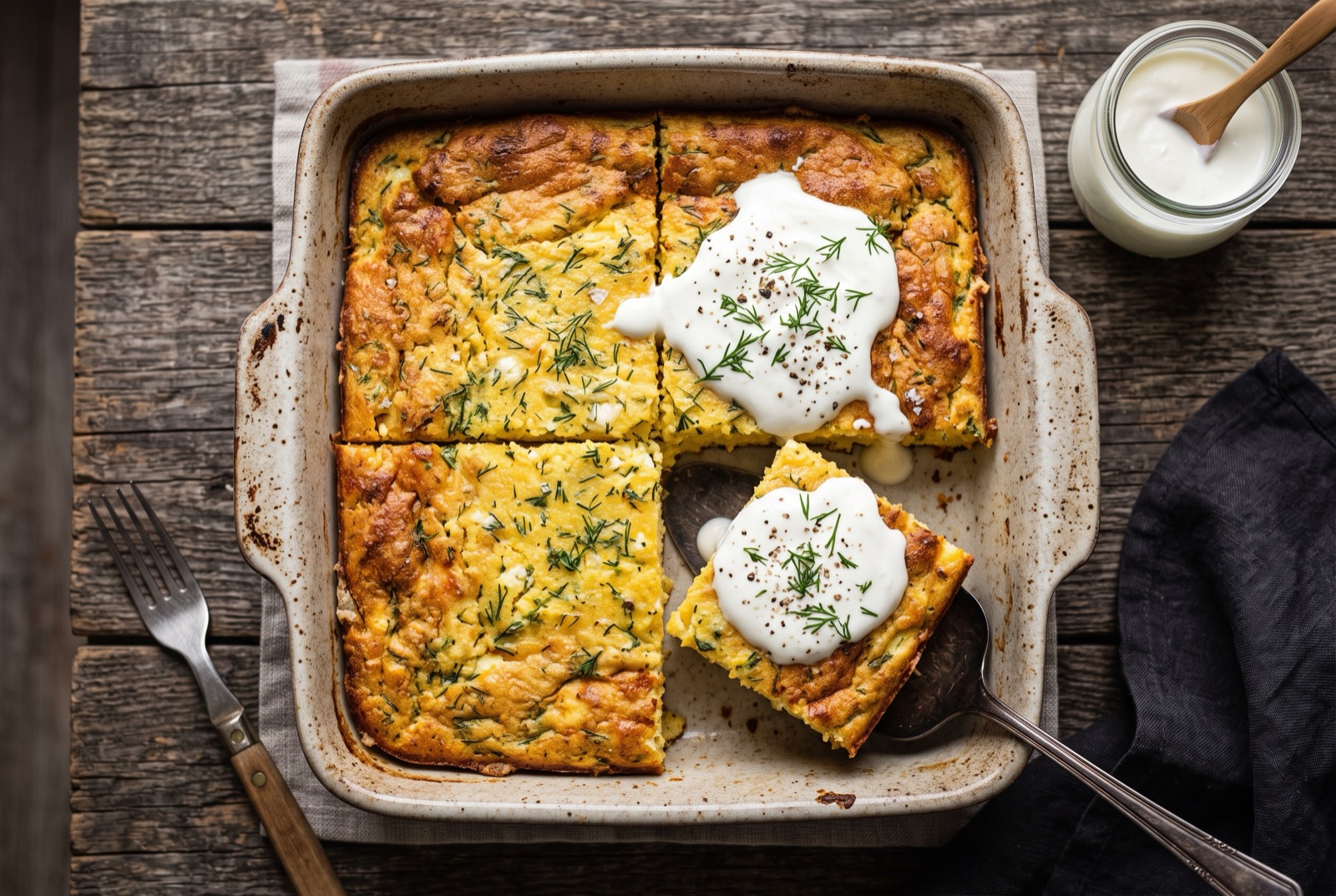 Golden cracked cornmeal and curd cheese cake cut into squares in a baking tin, one square topped with sour cream
