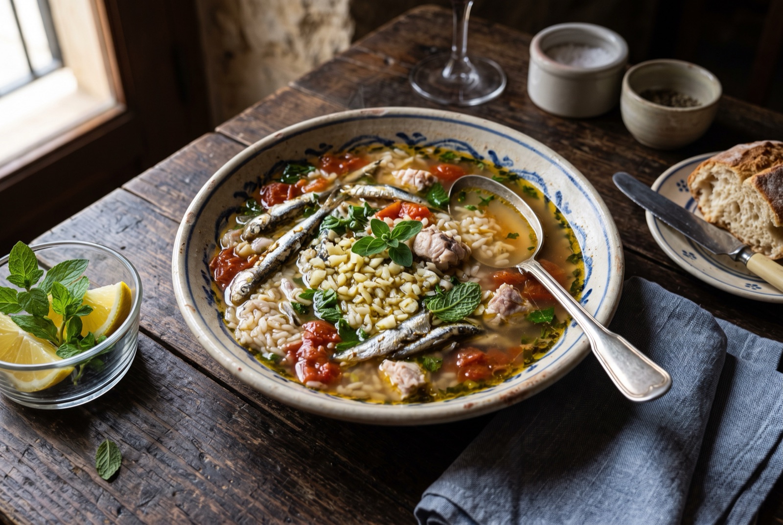 Bowl of Maltese aljotta fish broth with rice, flakes of white fish, tomato and fresh mint