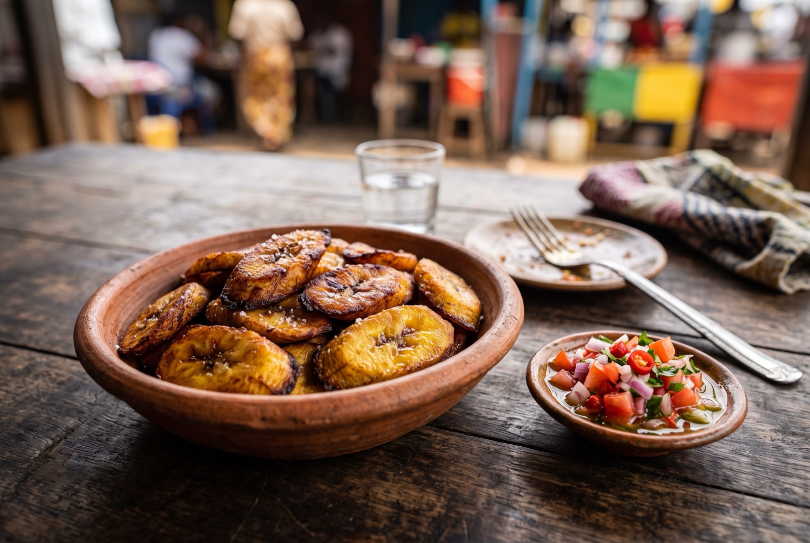 Golden-brown fried plantain slices piled on a plate with chopped onion, tomato and chilli relish