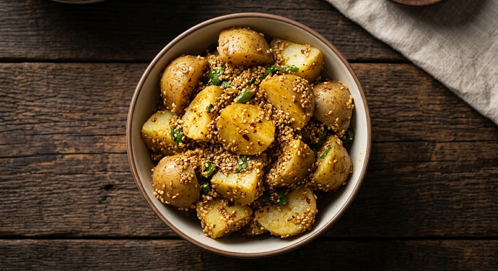 Bowl of Nepali aloo ko achar with yellow-dressed potato chunks, cucumber batons and chopped cilantro
