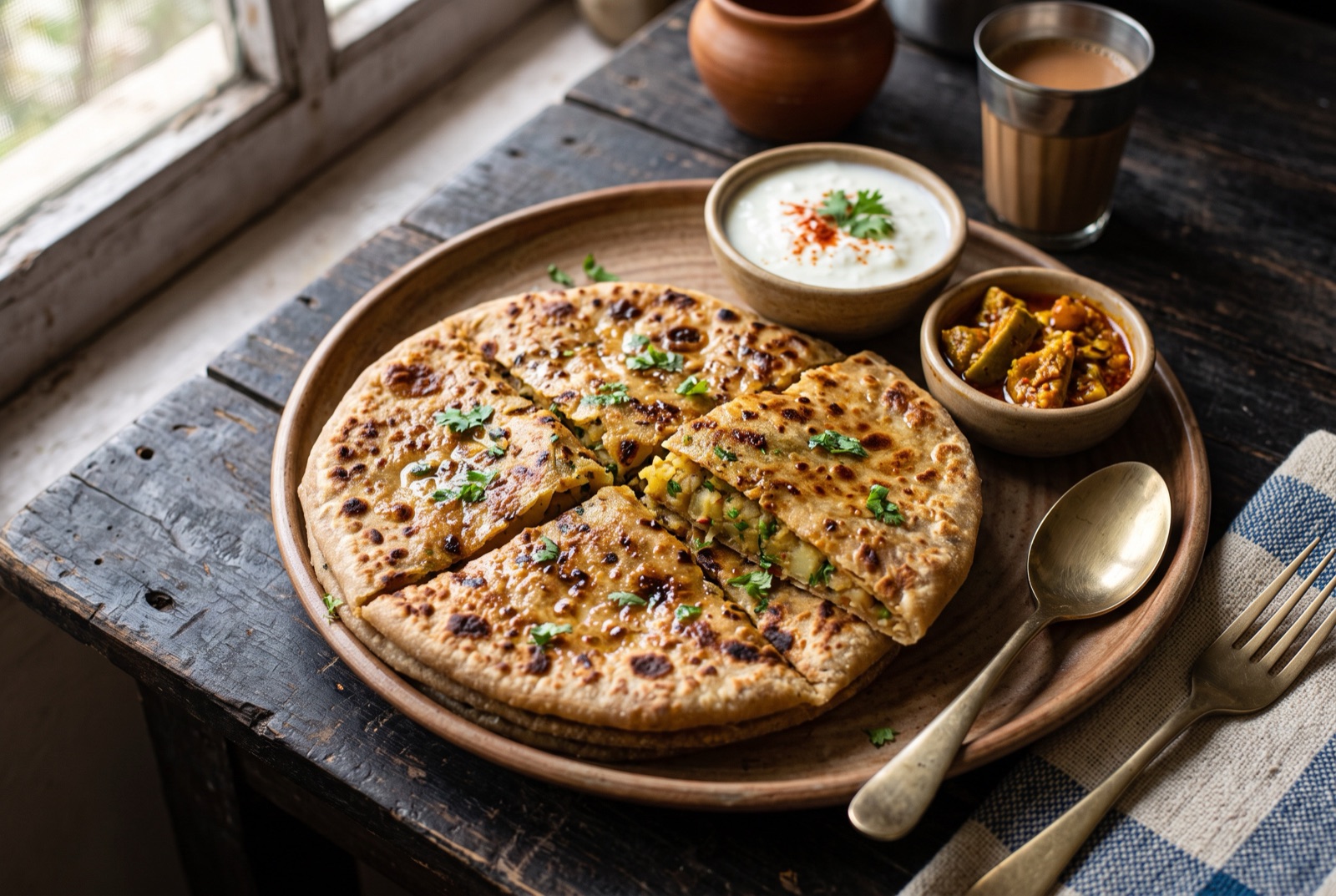 Blistered whole-wheat aloo paratha torn open to show spiced potato filling, with yogurt and mango pickle