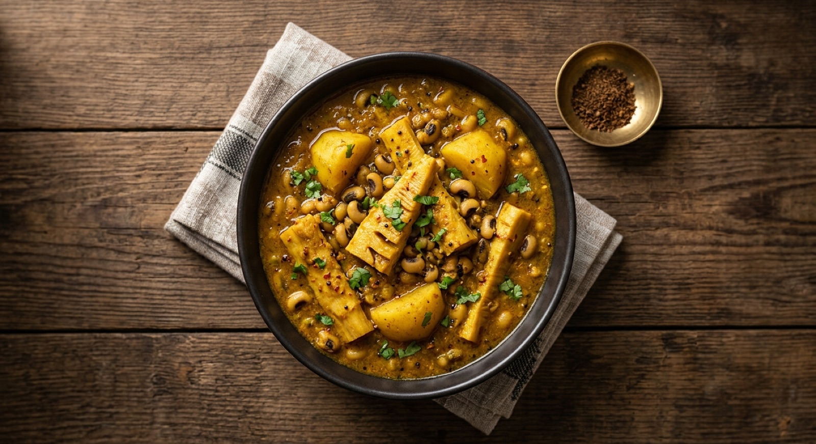 Bowl of Nepali aloo tama curry with potato chunks, bamboo shoot strands and black-eyed peas in yellow broth