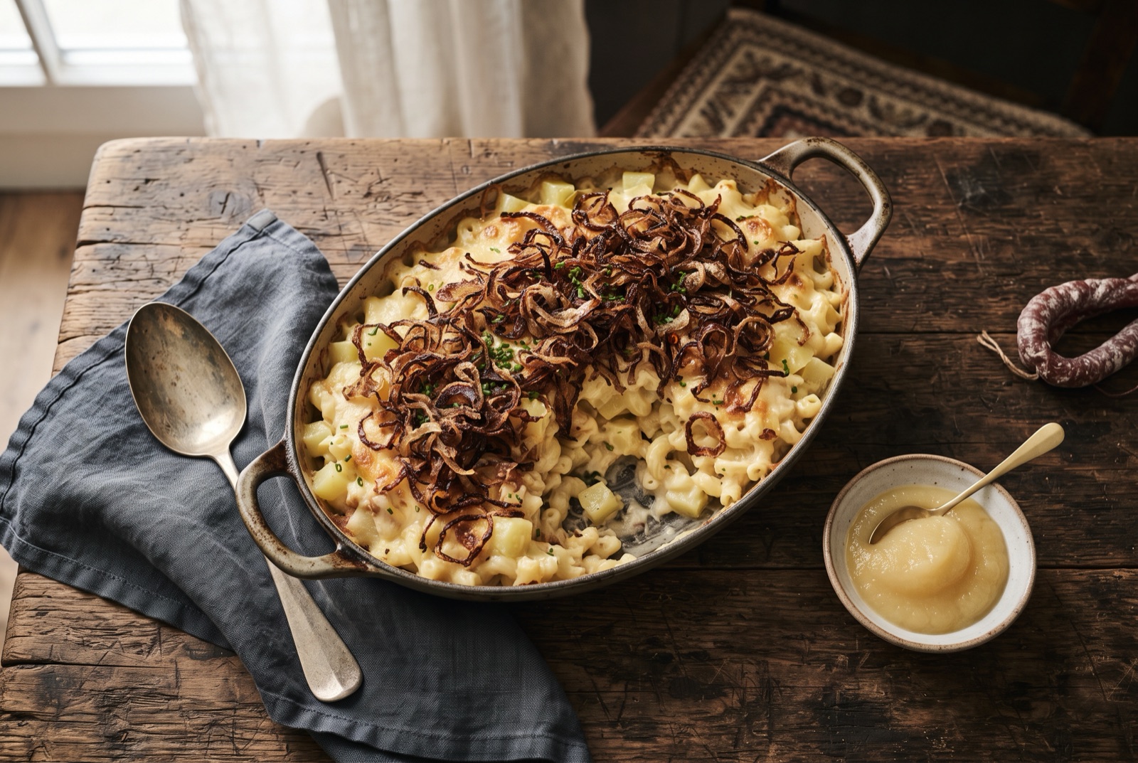 Bowl of creamy macaroni with potato and melted alpine cheese under dark fried onions, apple sauce beside it