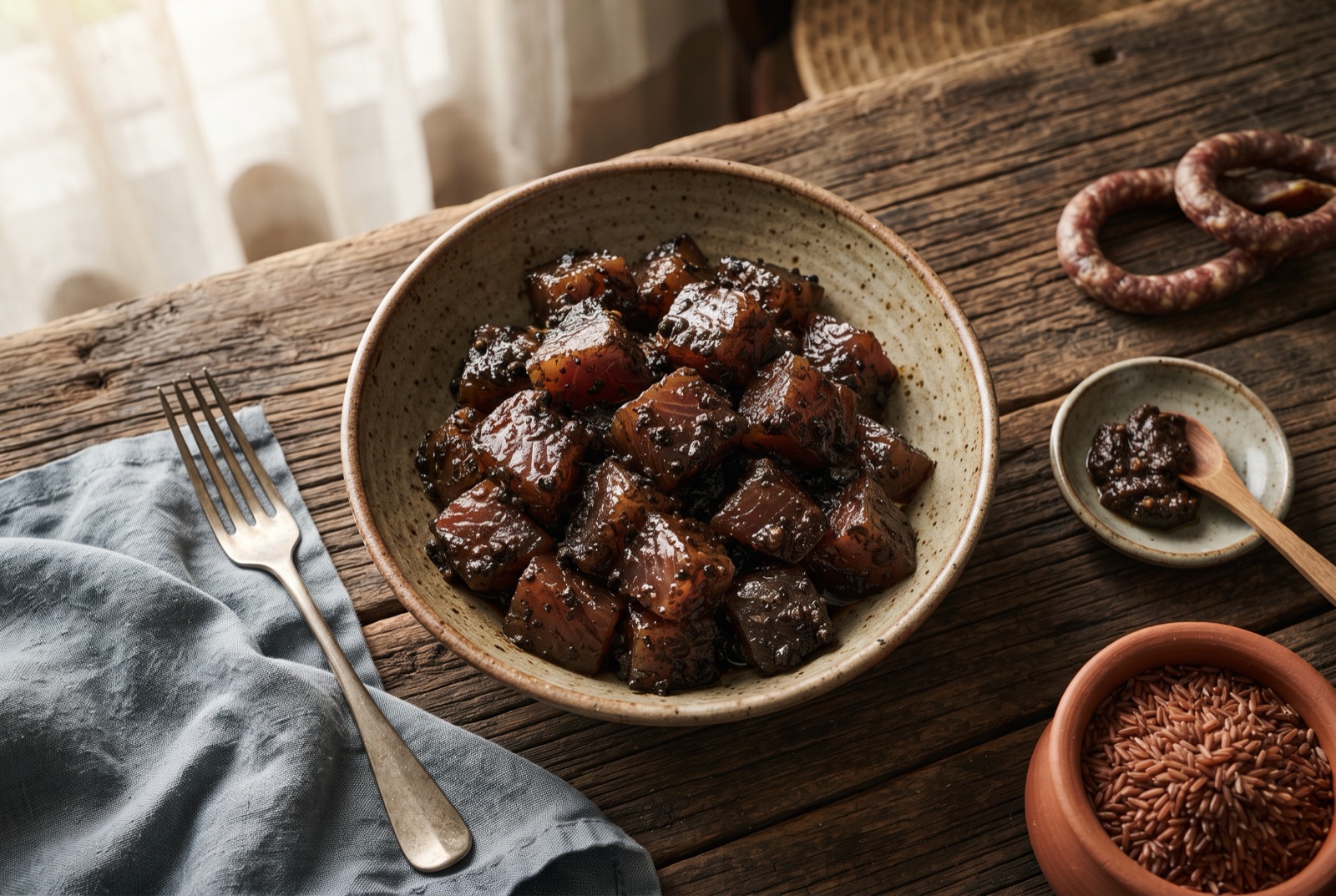 Dark glossy cubes of Sri Lankan sour tuna curry in a shallow clay pot with curry leaves and cinnamon