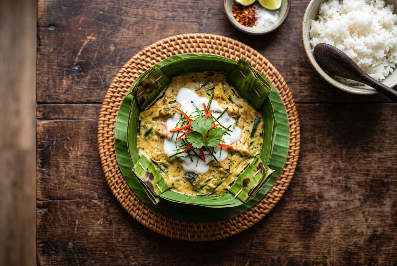 Steamed Khmer fish amok set in a banana leaf cup, topped with coconut cream, shredded lime leaf and red chile