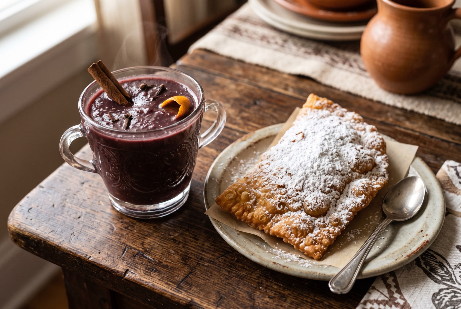 Glass of steaming deep purple Bolivian api beside a blistered fried cheese pastel dusted with icing sugar