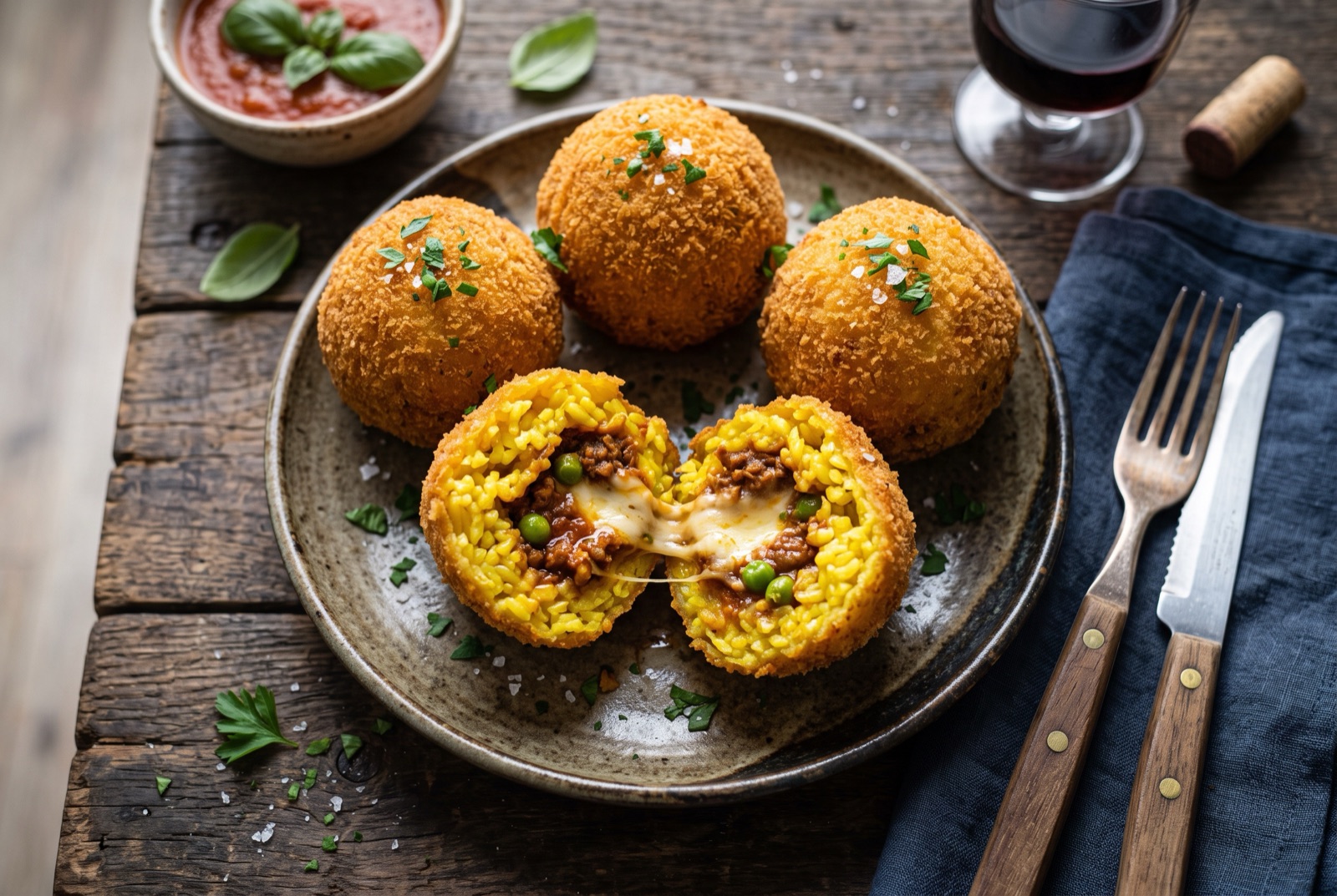 Golden fried Sicilian arancini, one broken open to show saffron rice, meat ragù, peas and melted mozzarella