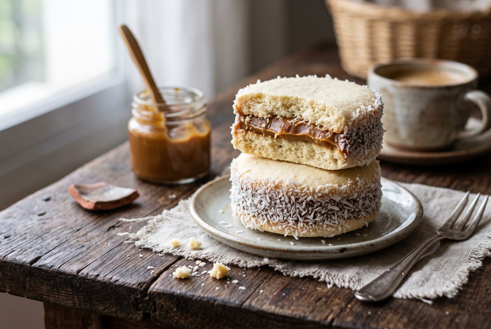 Stacked cornstarch alfajores filled with dulce de leche, their rims rolled in shredded coconut