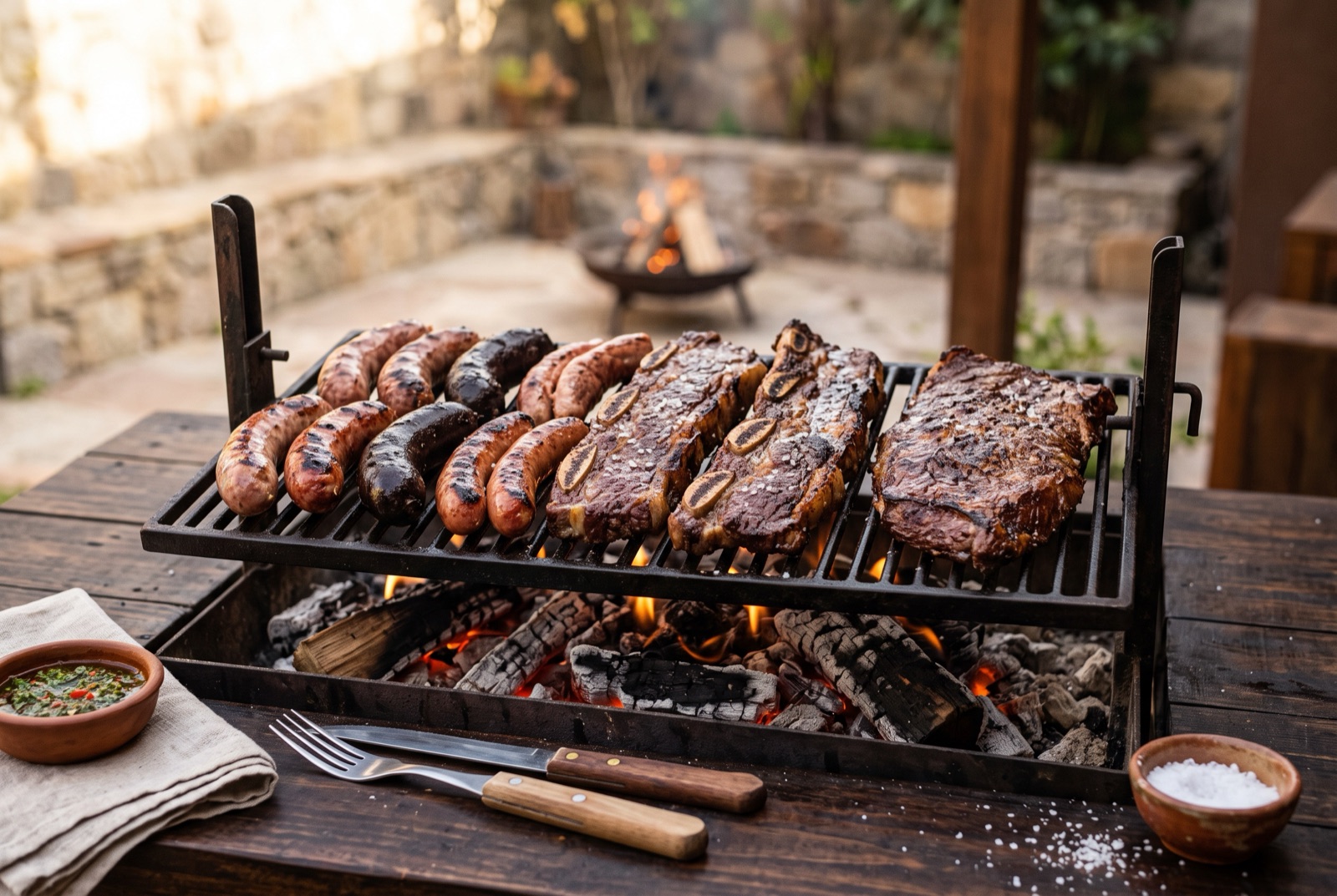 Argentine parrilla loaded with short ribs, flank steak and chorizo cooking over glowing wood embers
