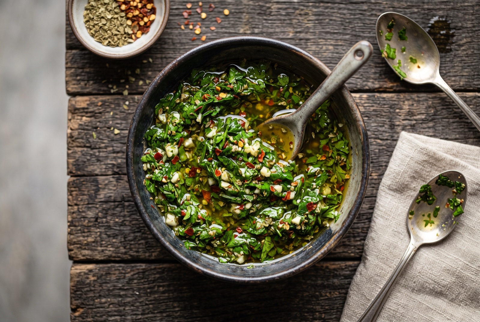 Bowl of Argentine chimichurri with chopped parsley, garlic and chile flakes floating in vinegar and oil