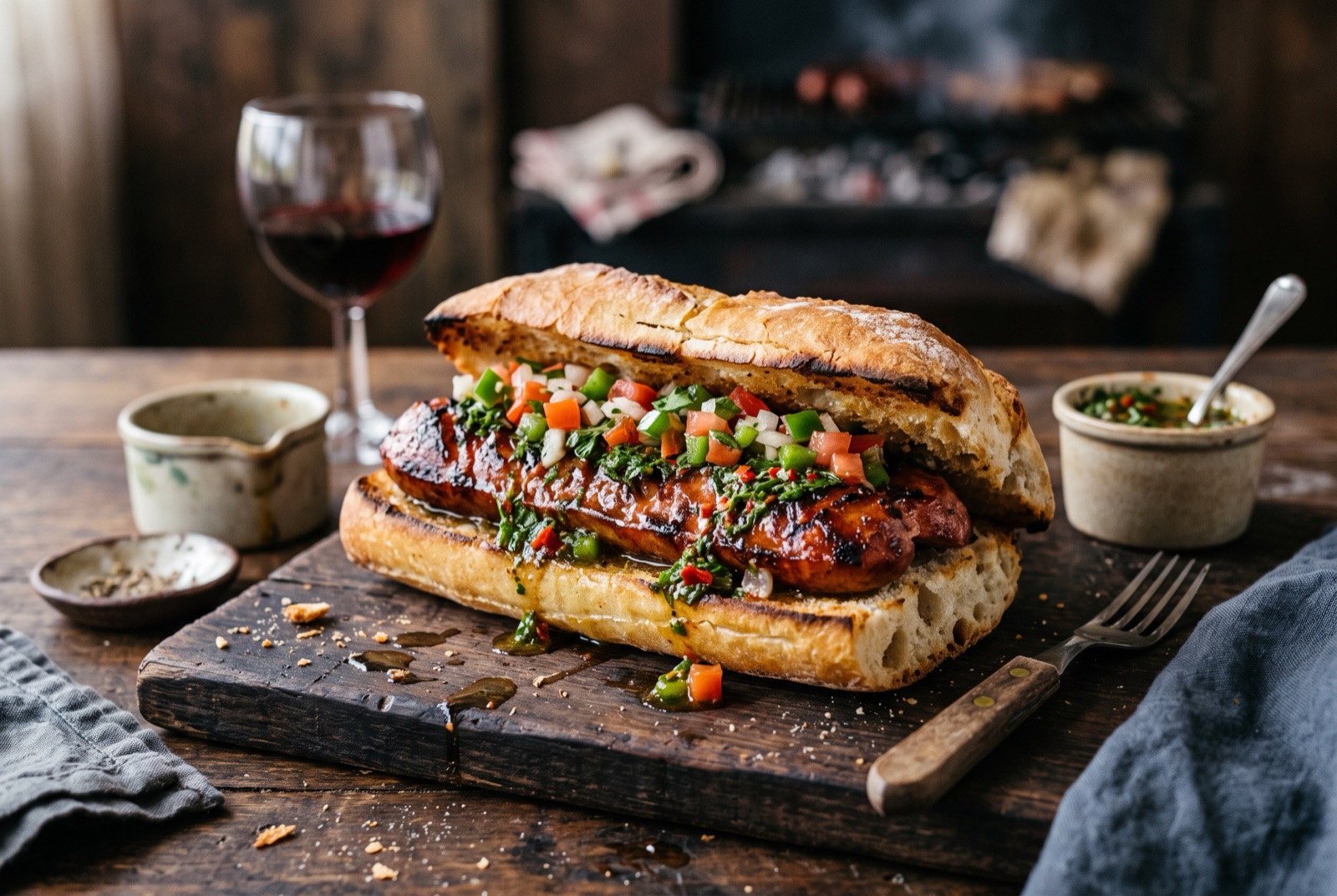Butterflied grilled chorizo in a crusty roll topped with green chimichurri and chopped salsa criolla