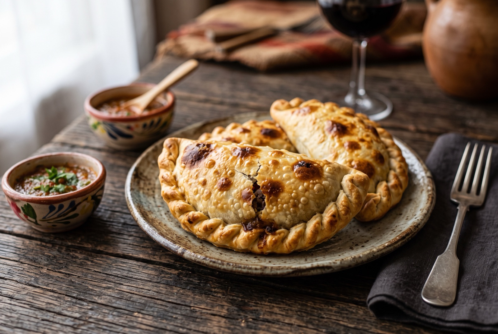 Baked Argentine beef empanadas with hand-crimped edges on a tray, one broken open showing juicy diced beef and egg