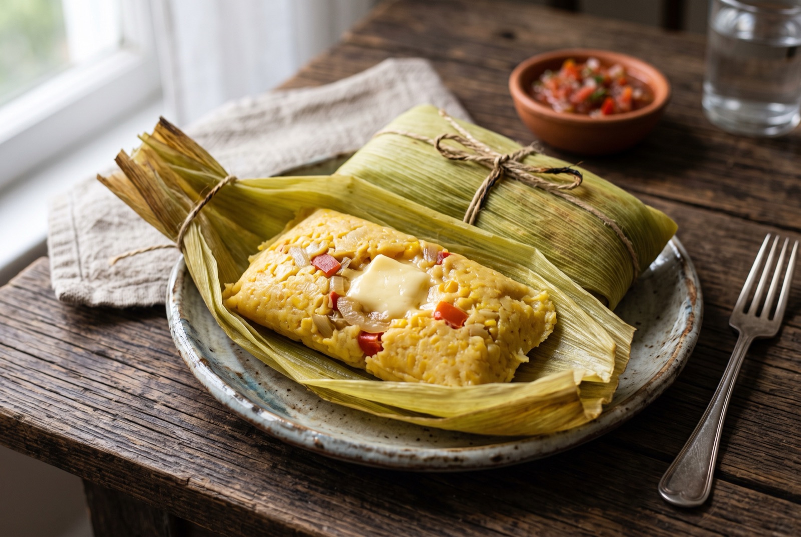 Steamed humitas tied in corn husks on a plate, one opened to show soft golden corn filling with melted cheese