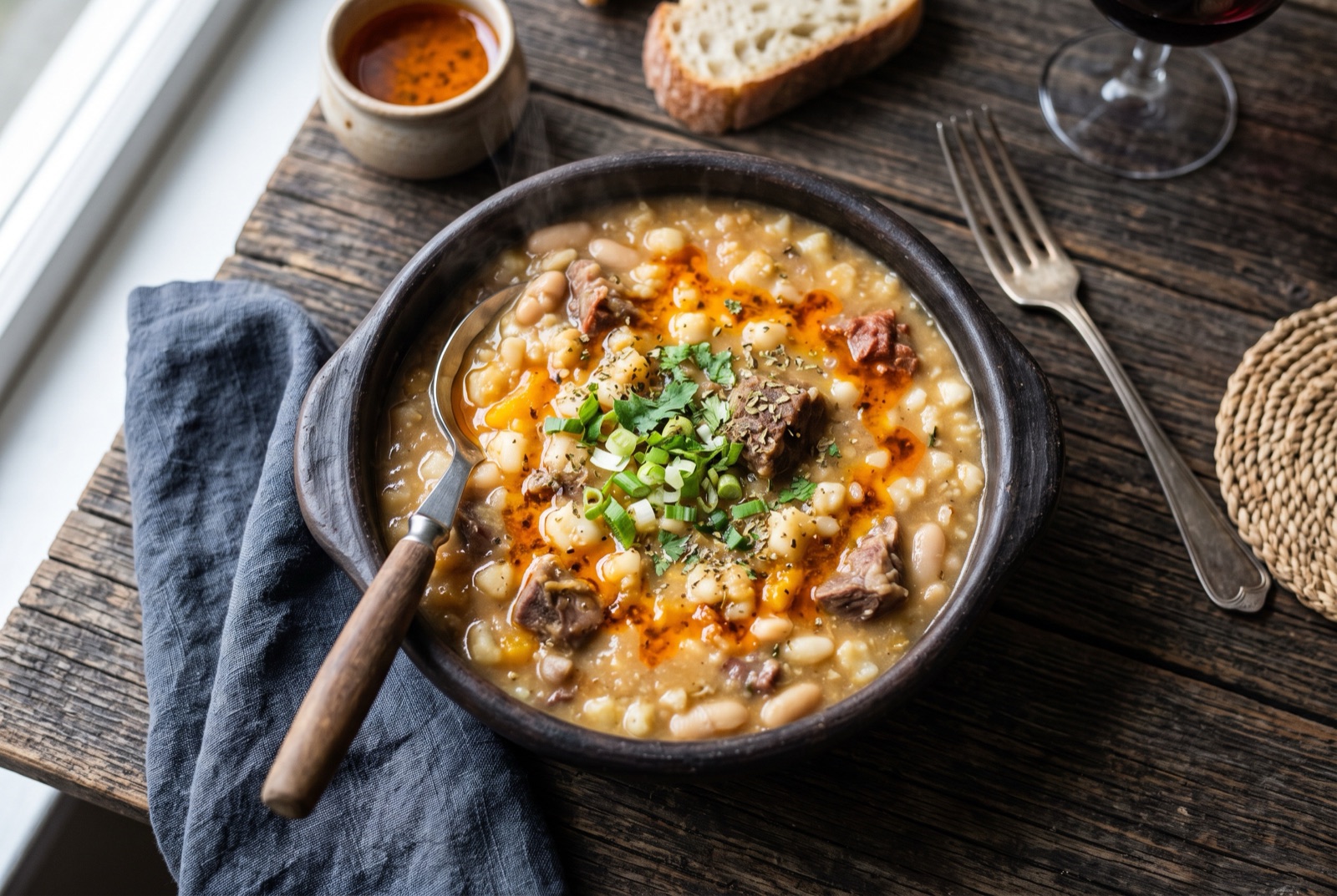 Deep bowl of thick Argentine locro with hominy, squash and shredded meat under a swirl of red paprika oil