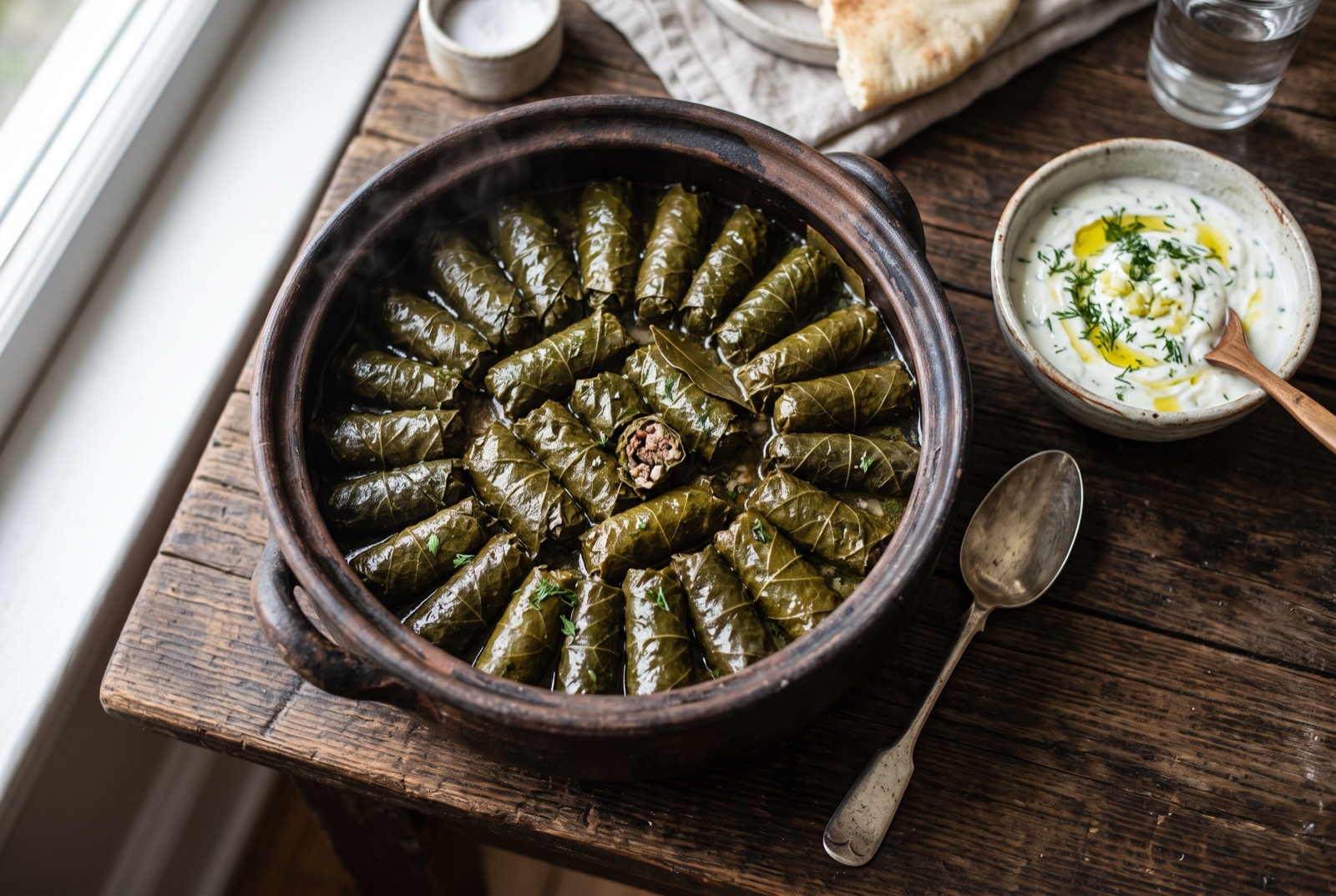 Rows of rolled Armenian tolma packed in a pot, with a bowl of garlic matsun and lemon slices beside it