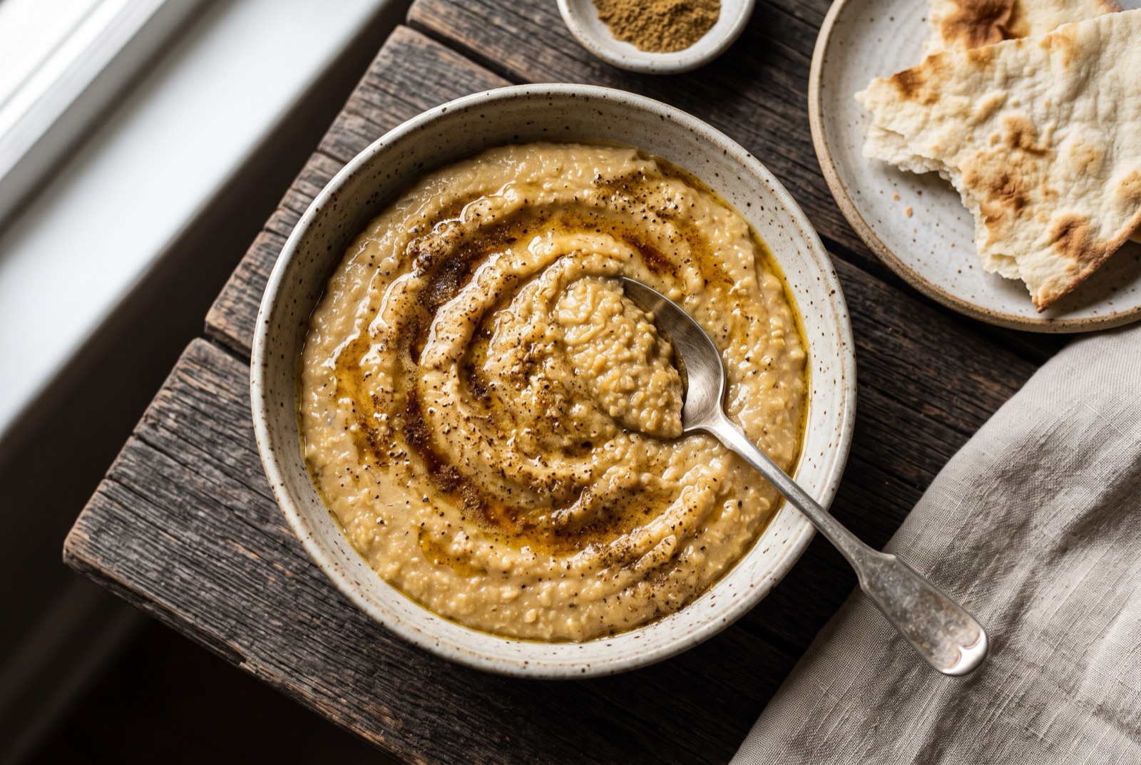 A bowl of pale Armenian harissa porridge with melted cumin butter pooling on its smooth surface