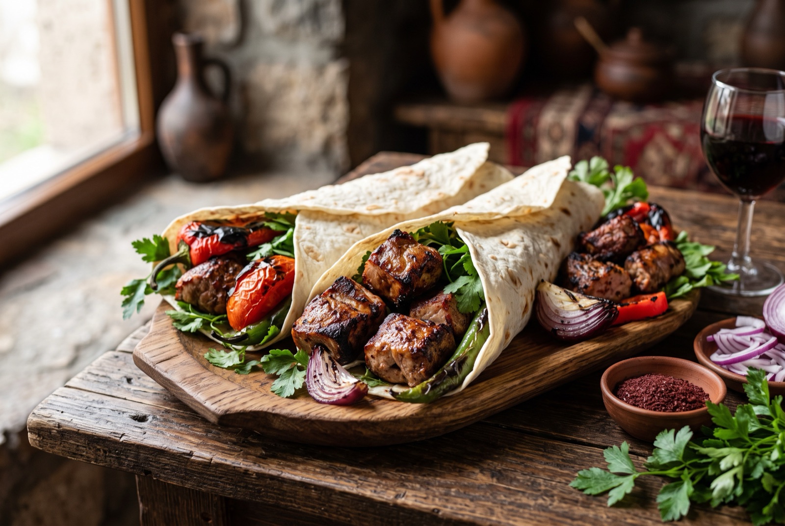 Flat skewers of charred Armenian khorovats resting on lavash beside blistered aubergines and peppers