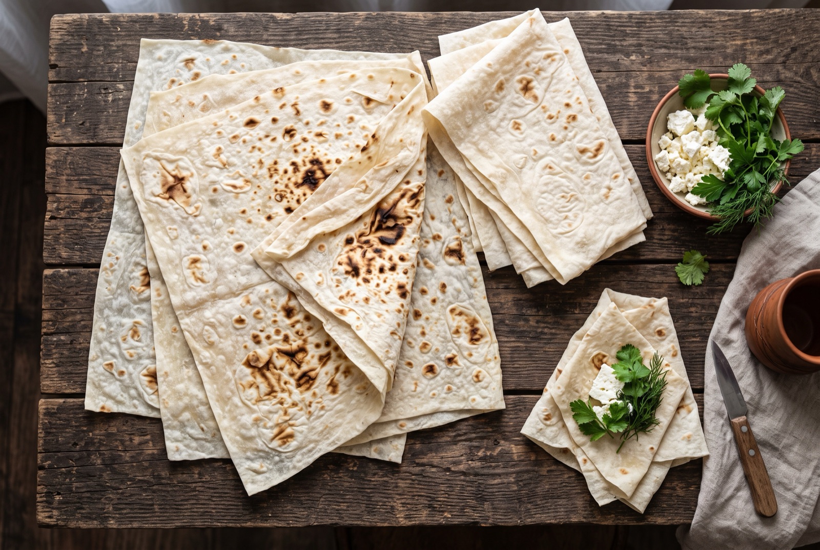 A stack of thin blistered Armenian lavash sheets, one folded back to show the charred bubbles