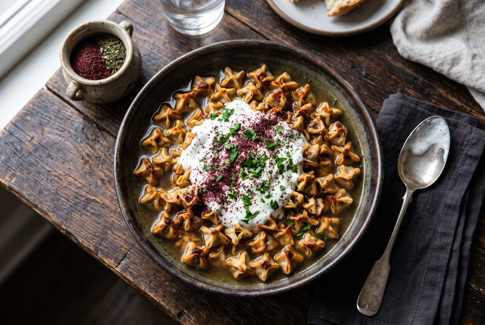 Bowl of crisp boat-shaped Armenian manti in broth, topped with garlic yogurt and a heavy dusting of sumac