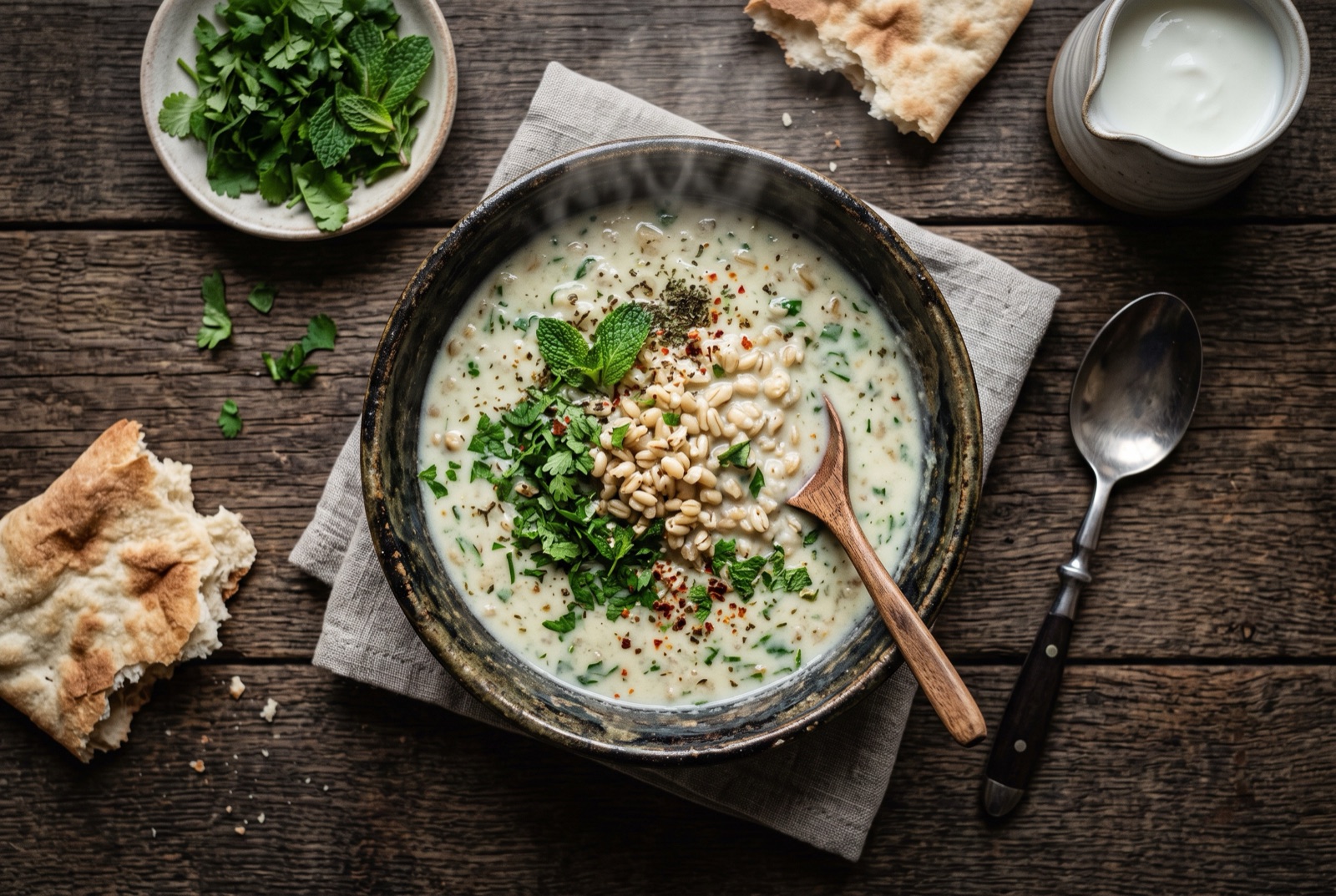 Bowl of white Armenian spas soup flecked with chopped coriander and mint, with lavash torn beside it
