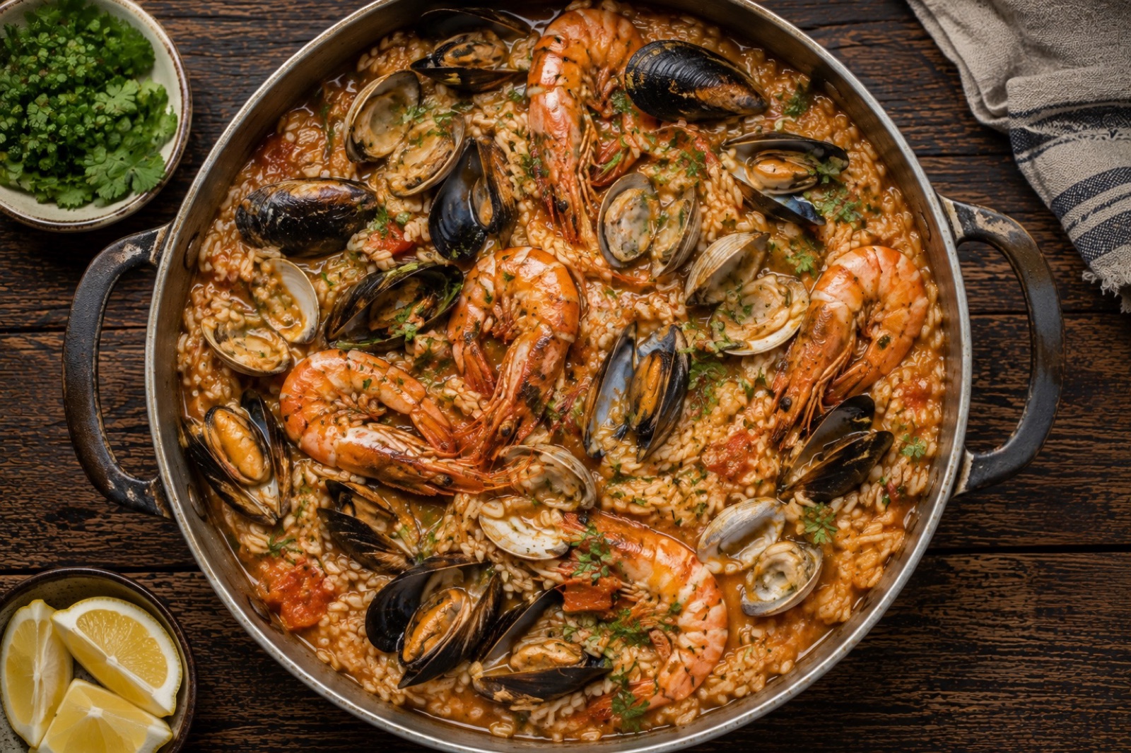 Deep pot of soupy orange seafood rice with open clams, mussels and prawns and chopped coriander
