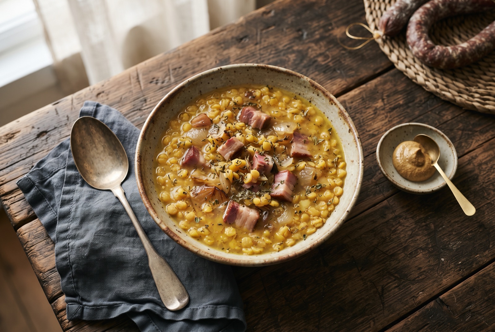 Bowl of thick yellow Swedish pea soup with shredded smoked pork and a blob of strong mustard