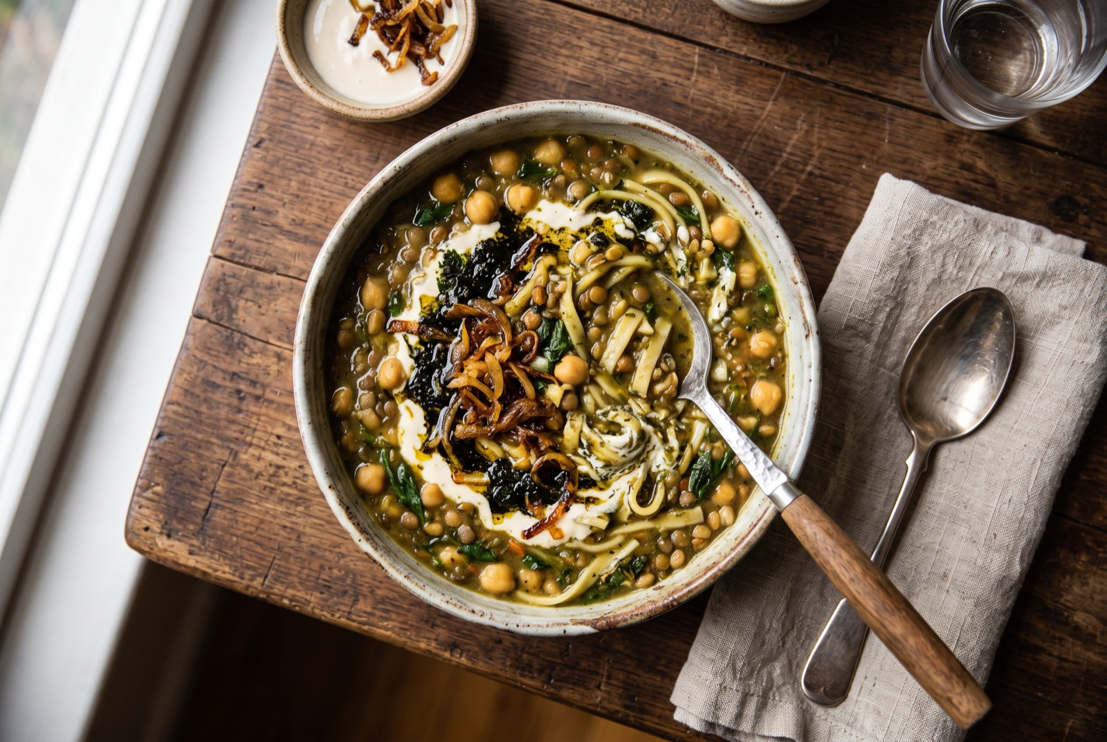 Bowl of thick dark green Persian ash-e reshteh soup swirled with pale kashk, crisp fried onions and mint oil