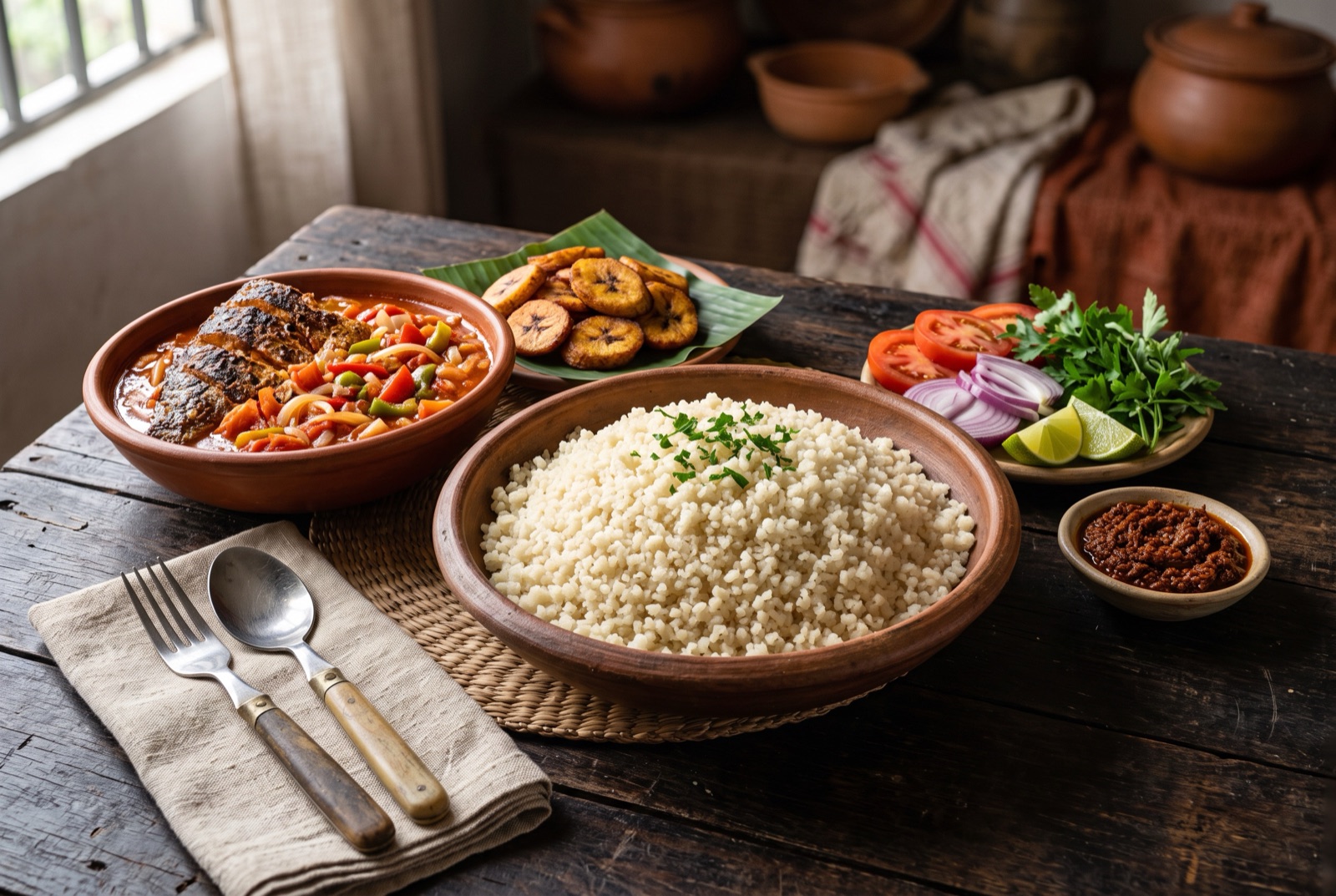 A mound of pale steamed attiéké granules with a fork lifting loose grains from the pile