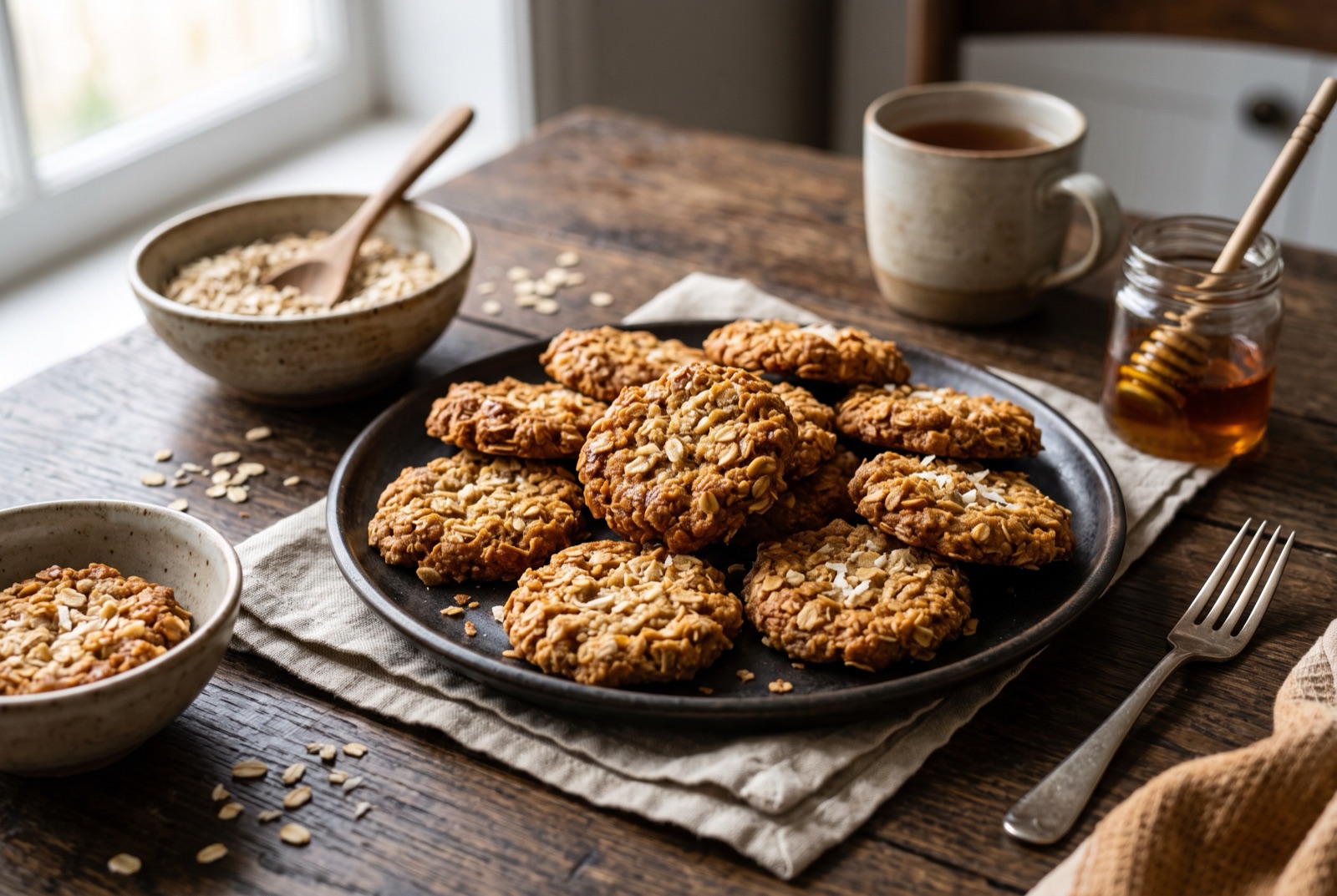 Golden ANZAC biscuits with visible oats and coconut cooling on a wire rack, one broken to show the chewy centre