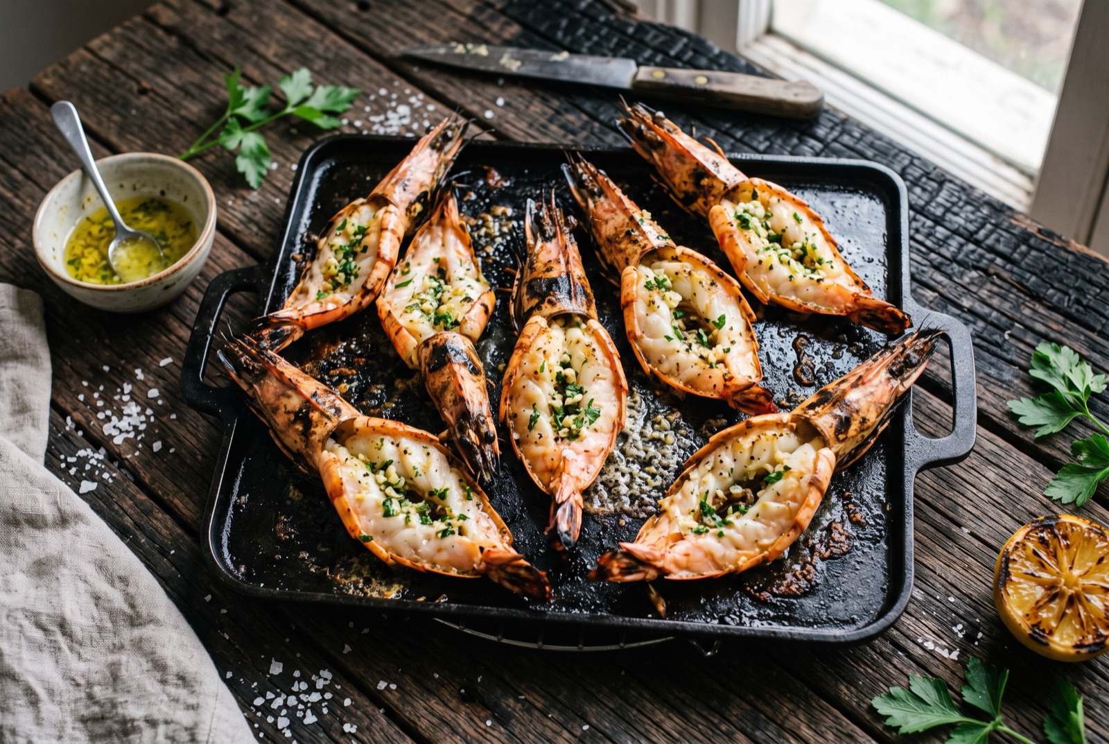 Split king prawns charring shell-down on a barbecue plate, garlic butter bubbling in the cut backs with lemon wedges nearby