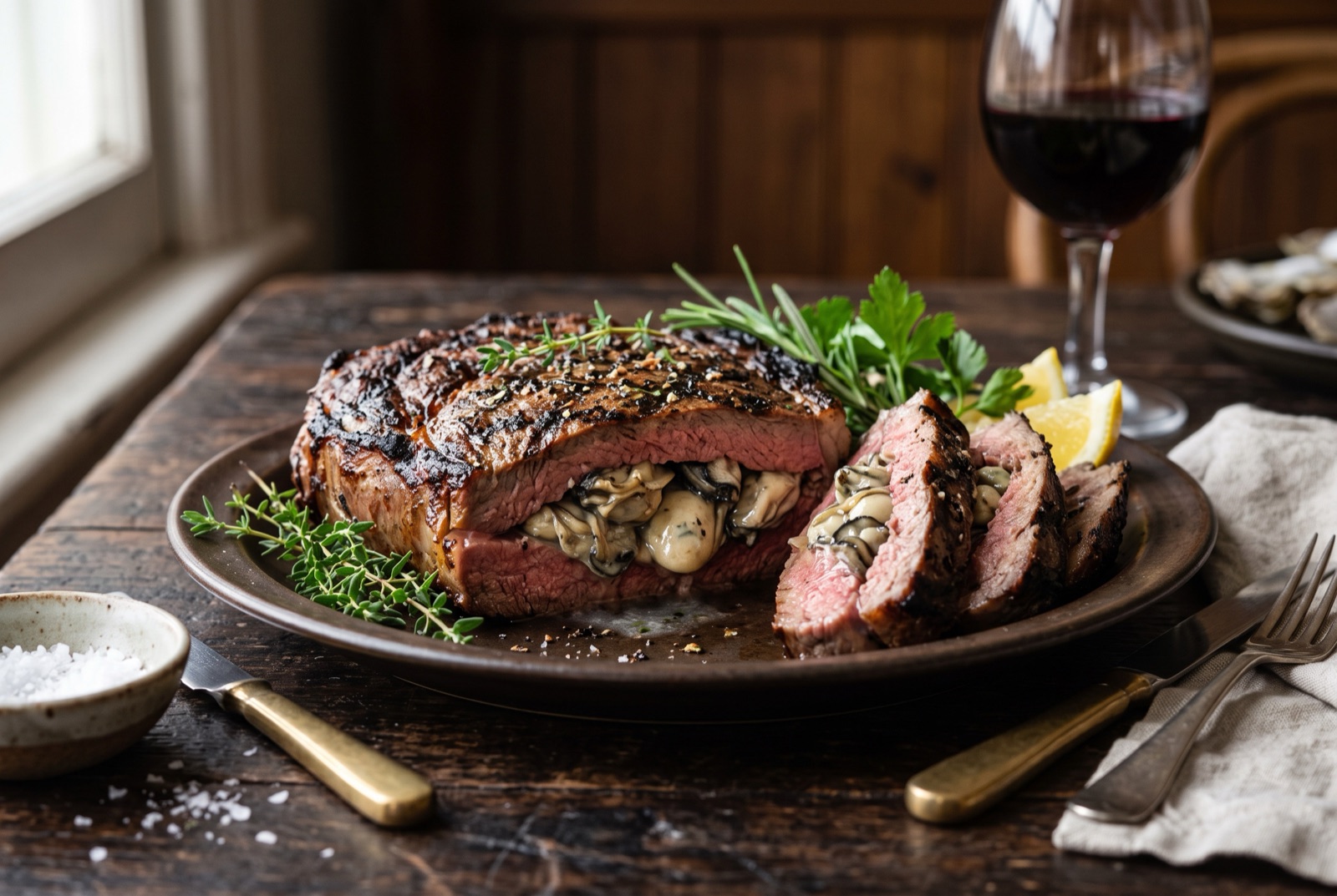 Sliced carpetbag steak on a wooden board showing plump oysters inside the pink medium-rare beef, butter spooned over