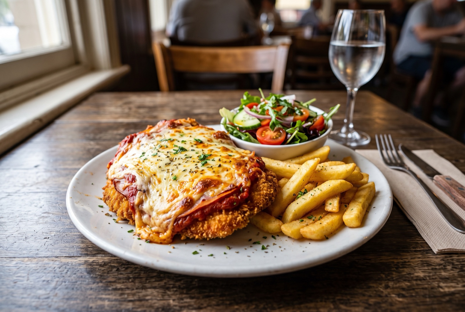Australian chicken parmigiana on a plate, crumbed schnitzel under tomato sauce and browned melted cheese with chips beside it