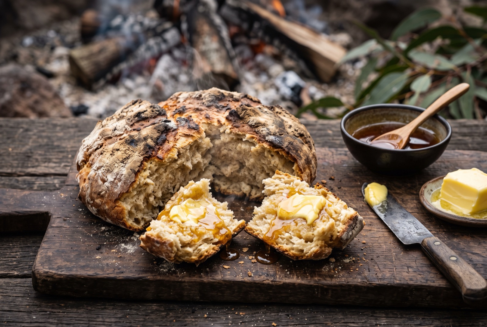 A round floury damper loaf with a deep cross split open on a board, butter and golden syrup beside it