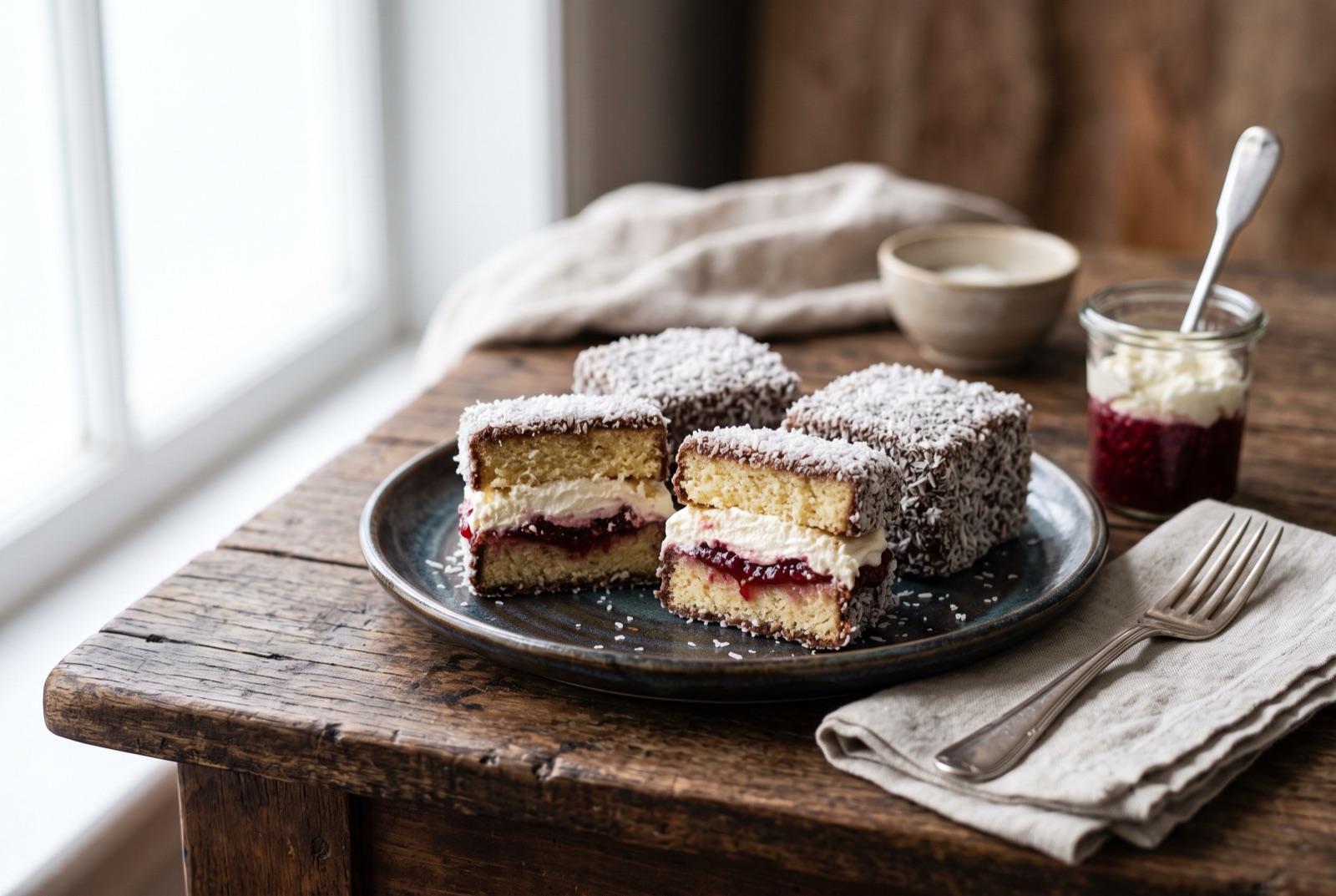 Squares of sponge cake coated in chocolate icing and desiccated coconut, one split open showing jam and cream