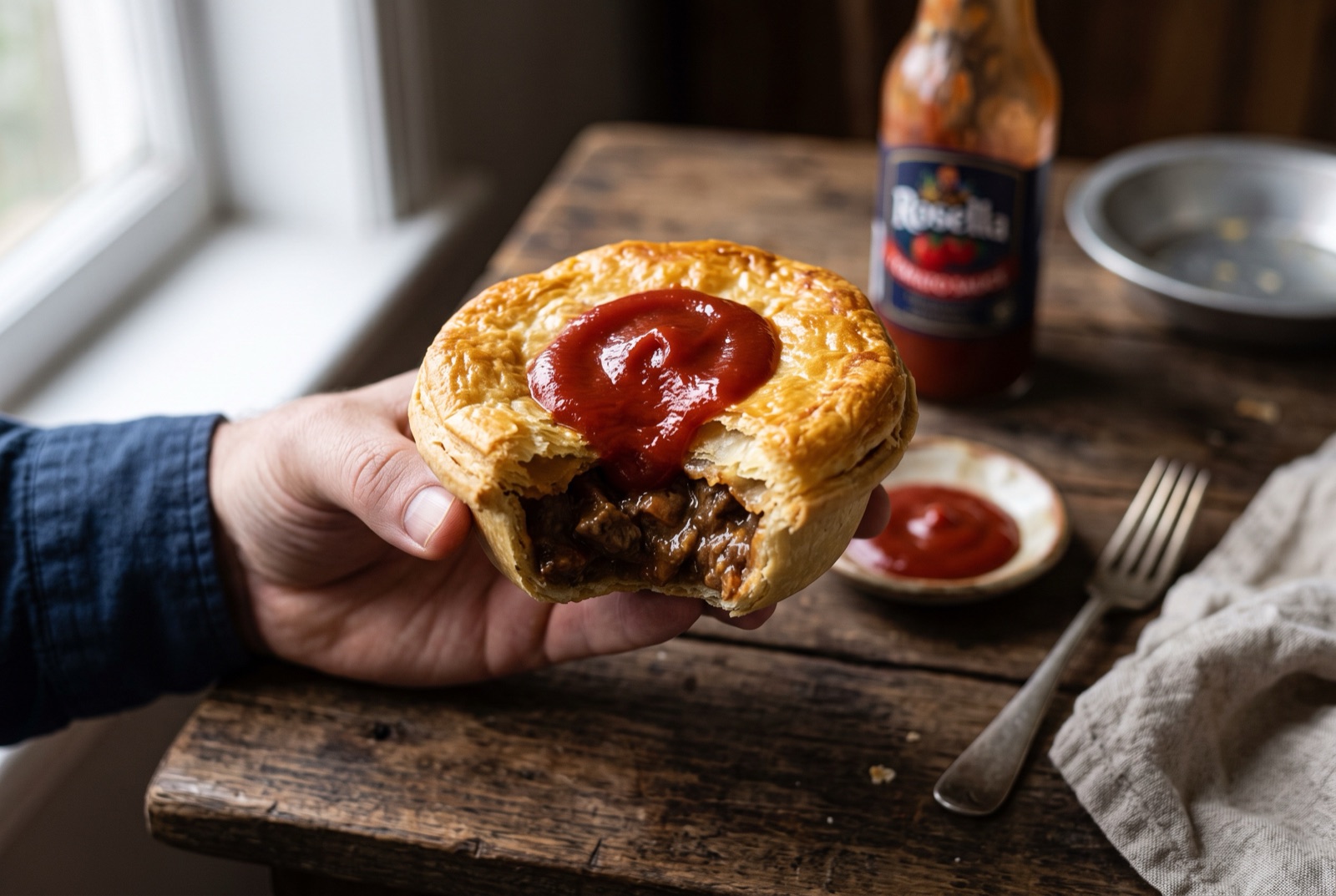 A hand-sized Australian meat pie with a golden puff pastry lid, broken open to show thick beef gravy filling